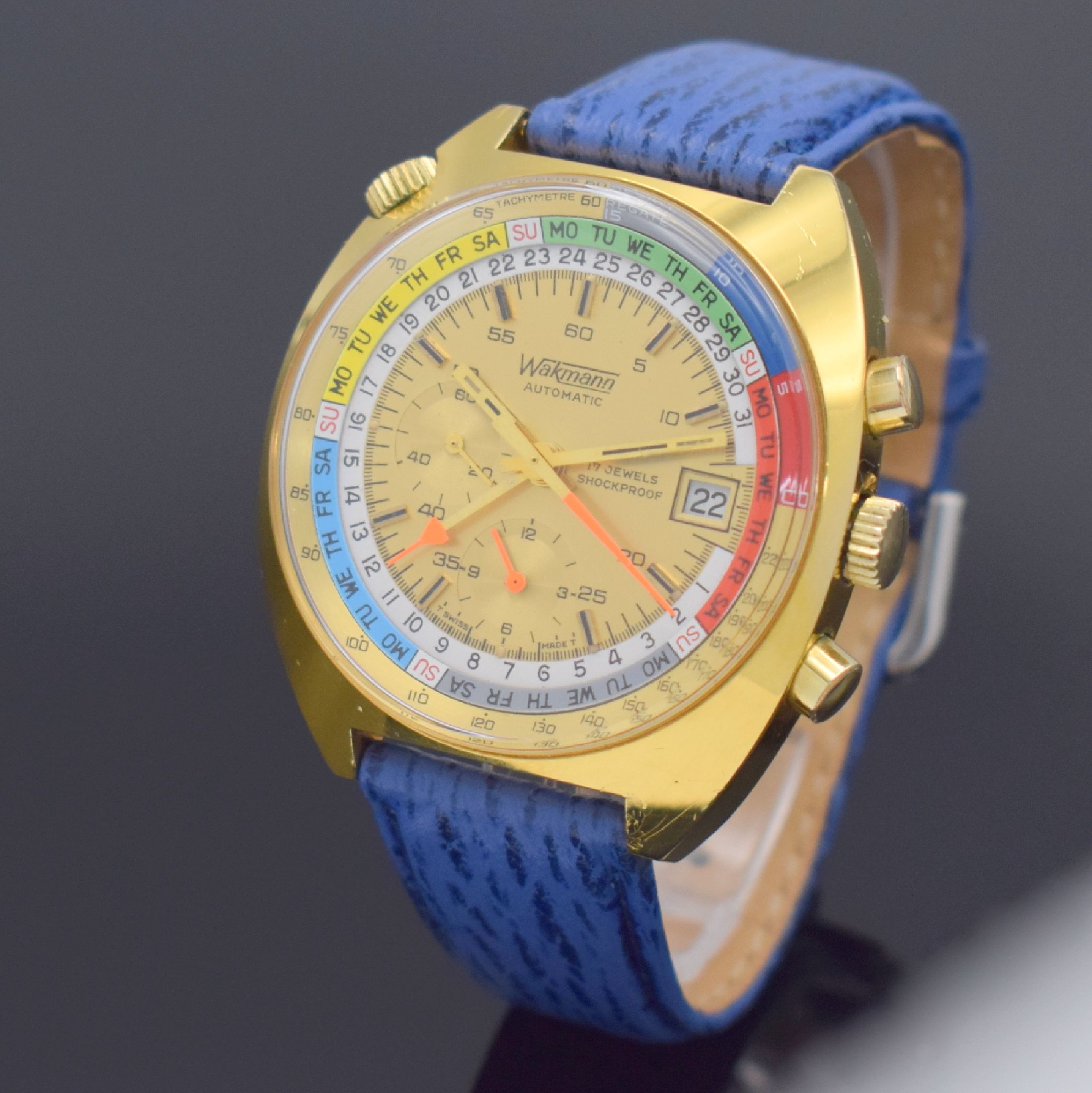 WAKMANN Herrenarmbanduhr mit Chronograph, Kalender & Regatta-Skalierung Kaliber Lemania 1341, Schweiz um 1970, Automatik, massives verg. Geh., ...