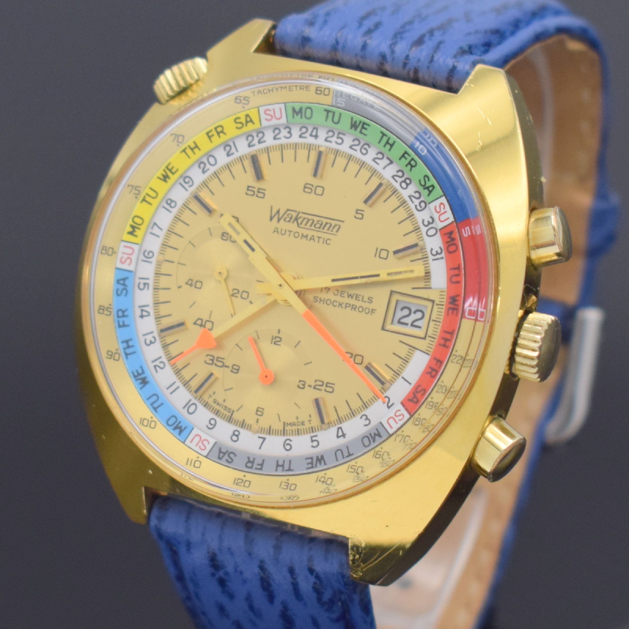 Detail a: WAKMANN Herrenarmbanduhr mit Chronograph, Kalender & Regatta-Skalierung Kaliber Lemania 1341, Schweiz um 1970, Automatik, massives verg. Geh., ...