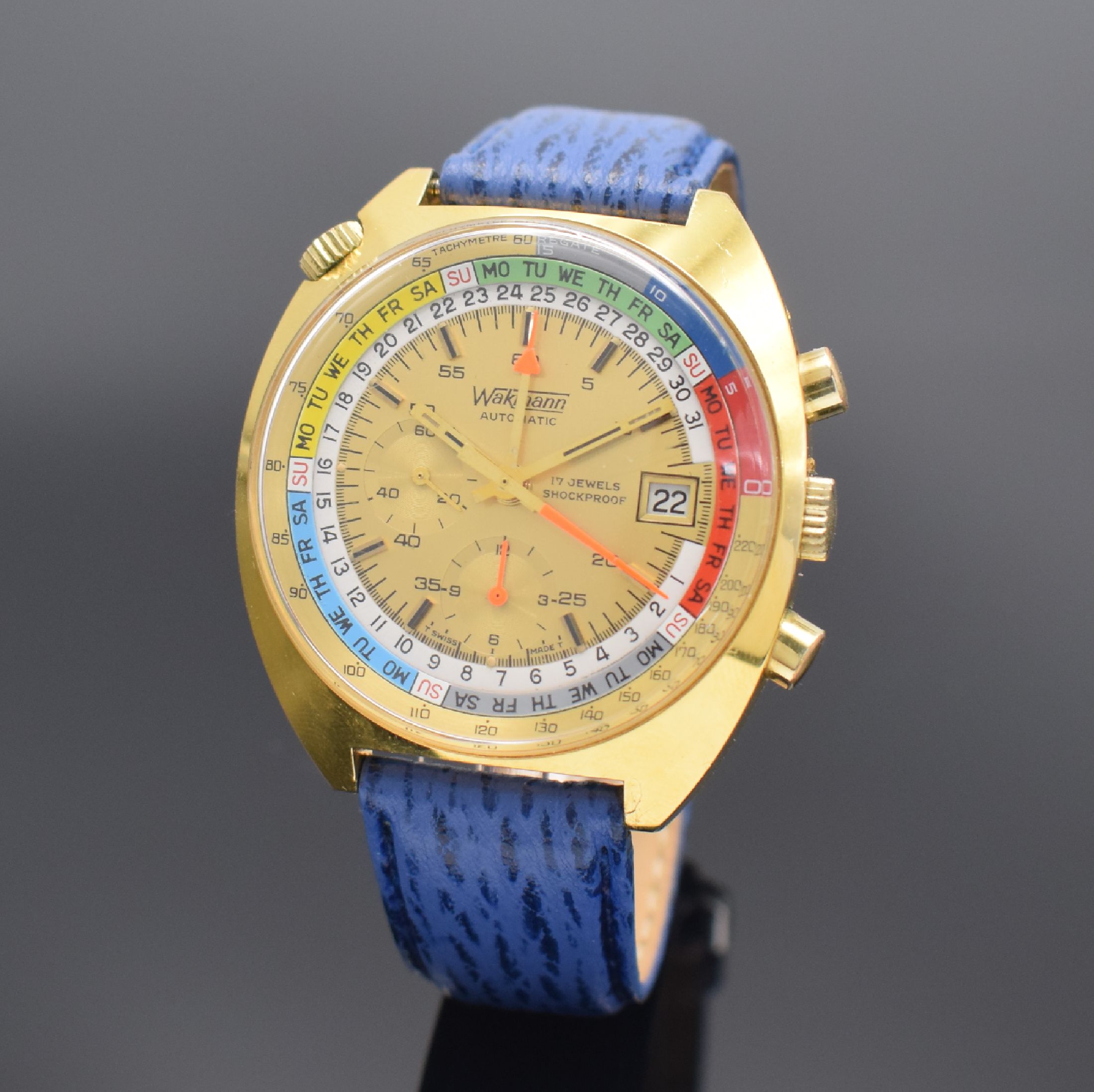 Detail b: WAKMANN Herrenarmbanduhr mit Chronograph, Kalender & Regatta-Skalierung Kaliber Lemania 1341, Schweiz um 1970, Automatik, massives verg. Geh., ...