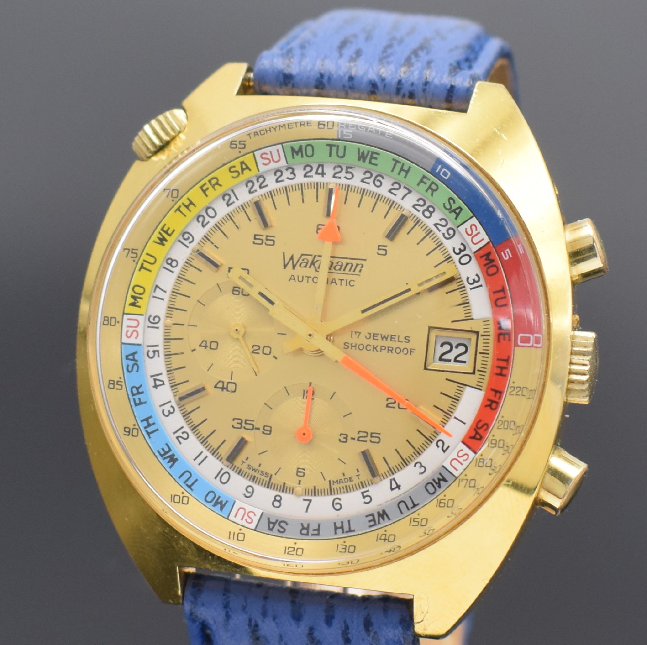 Detail c: WAKMANN Herrenarmbanduhr mit Chronograph, Kalender & Regatta-Skalierung Kaliber Lemania 1341, Schweiz um 1970, Automatik, massives verg. Geh., ...
