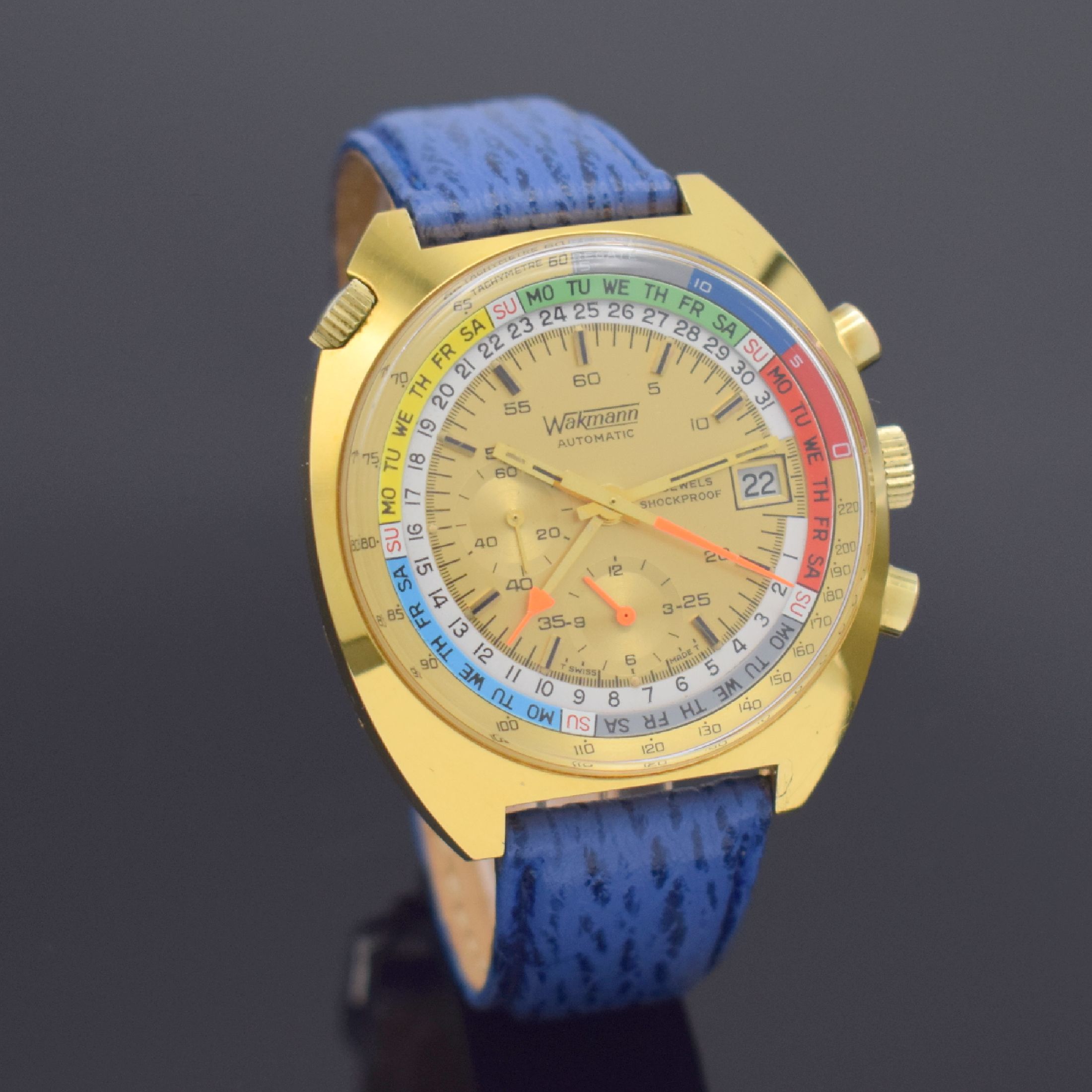 Detail d: WAKMANN Herrenarmbanduhr mit Chronograph, Kalender & Regatta-Skalierung Kaliber Lemania 1341, Schweiz um 1970, Automatik, massives verg. Geh., ...