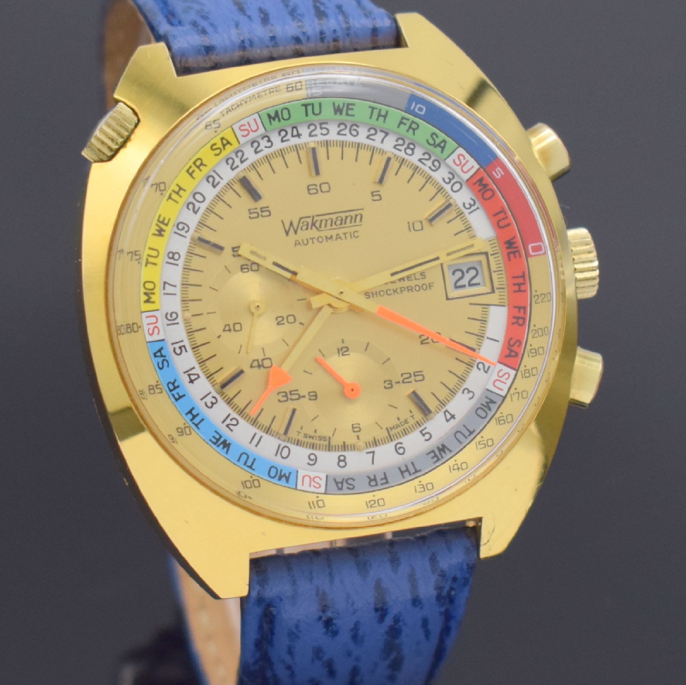 Detail e: WAKMANN Herrenarmbanduhr mit Chronograph, Kalender & Regatta-Skalierung Kaliber Lemania 1341, Schweiz um 1970, Automatik, massives verg. Geh., ...