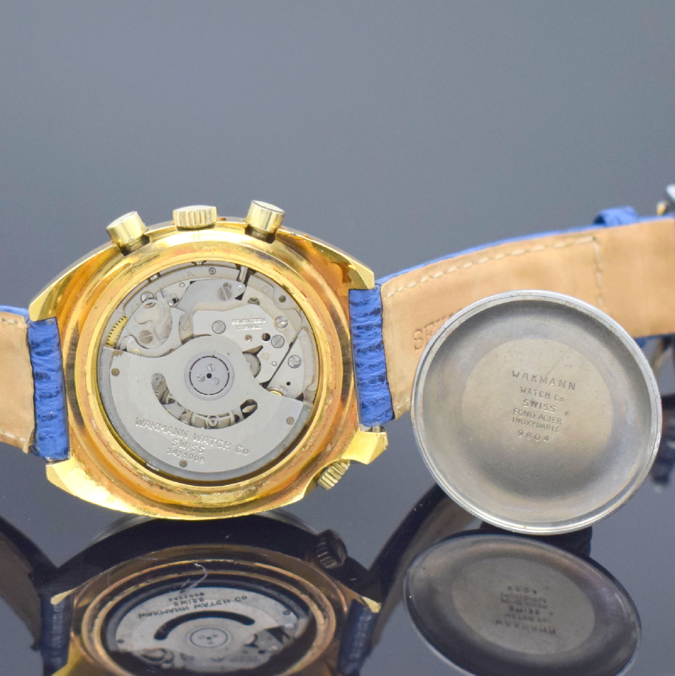 Detail f: WAKMANN Herrenarmbanduhr mit Chronograph, Kalender & Regatta-Skalierung Kaliber Lemania 1341, Schweiz um 1970, Automatik, massives verg. Geh., ...