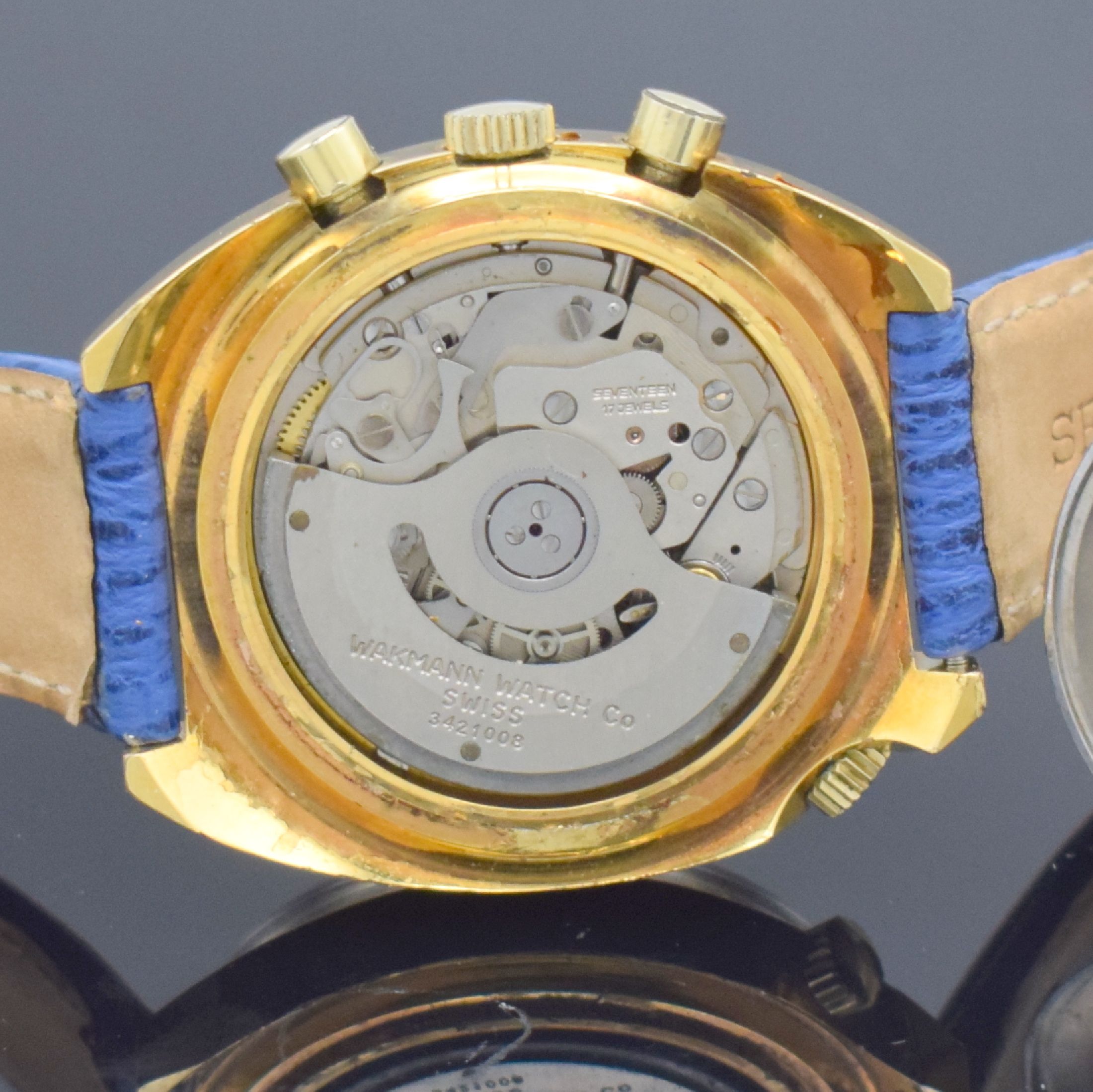 Detail g: WAKMANN Herrenarmbanduhr mit Chronograph, Kalender & Regatta-Skalierung Kaliber Lemania 1341, Schweiz um 1970, Automatik, massives verg. Geh., ...