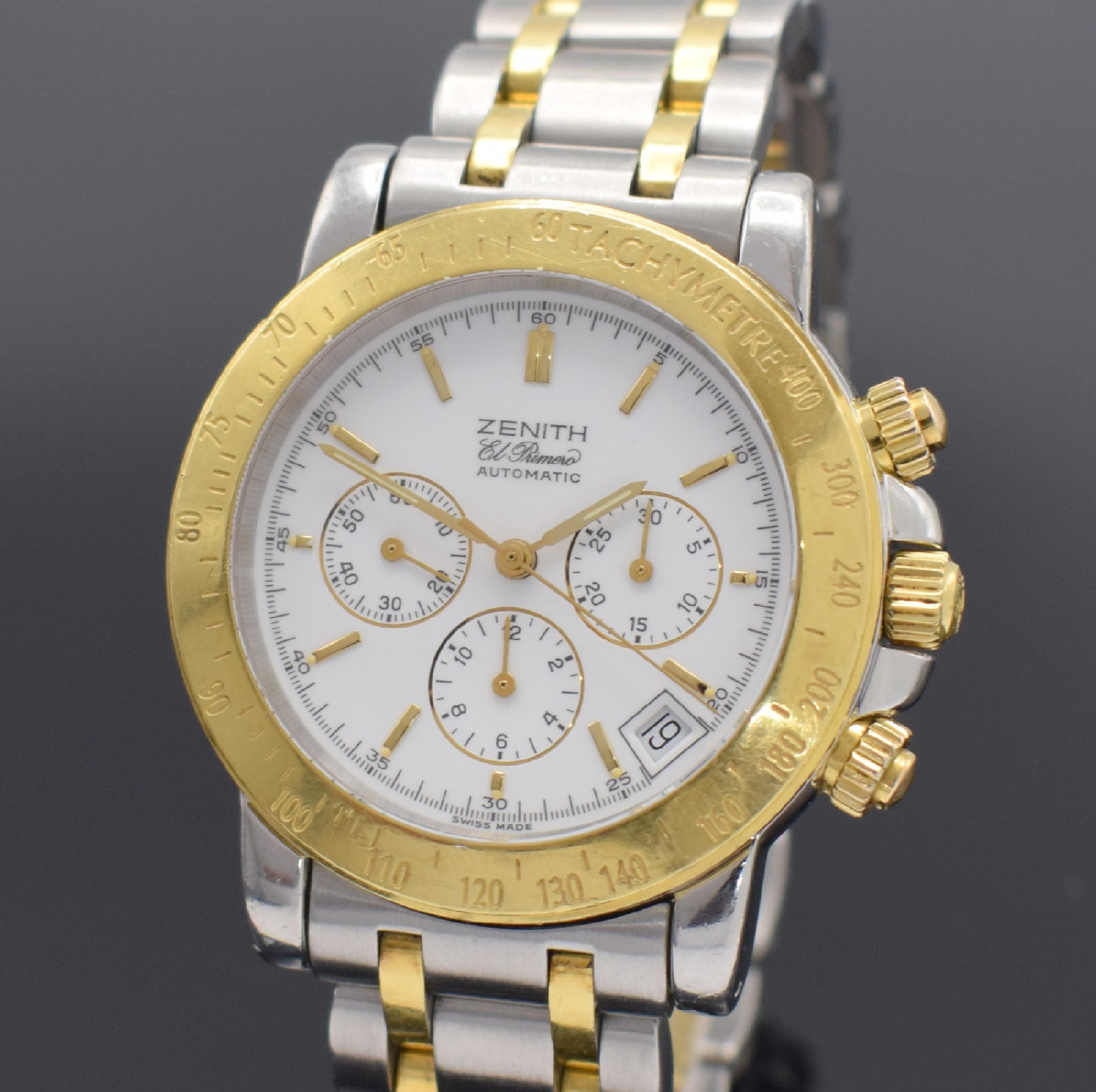 Detail a: ZENITH El Primero Rainbow Herrenchronograph in Stahl/Gold Referenz 53-0360-400, Schweiz um 2000, Automatik, Boden, Krone & Drücker verschr., orig. ...