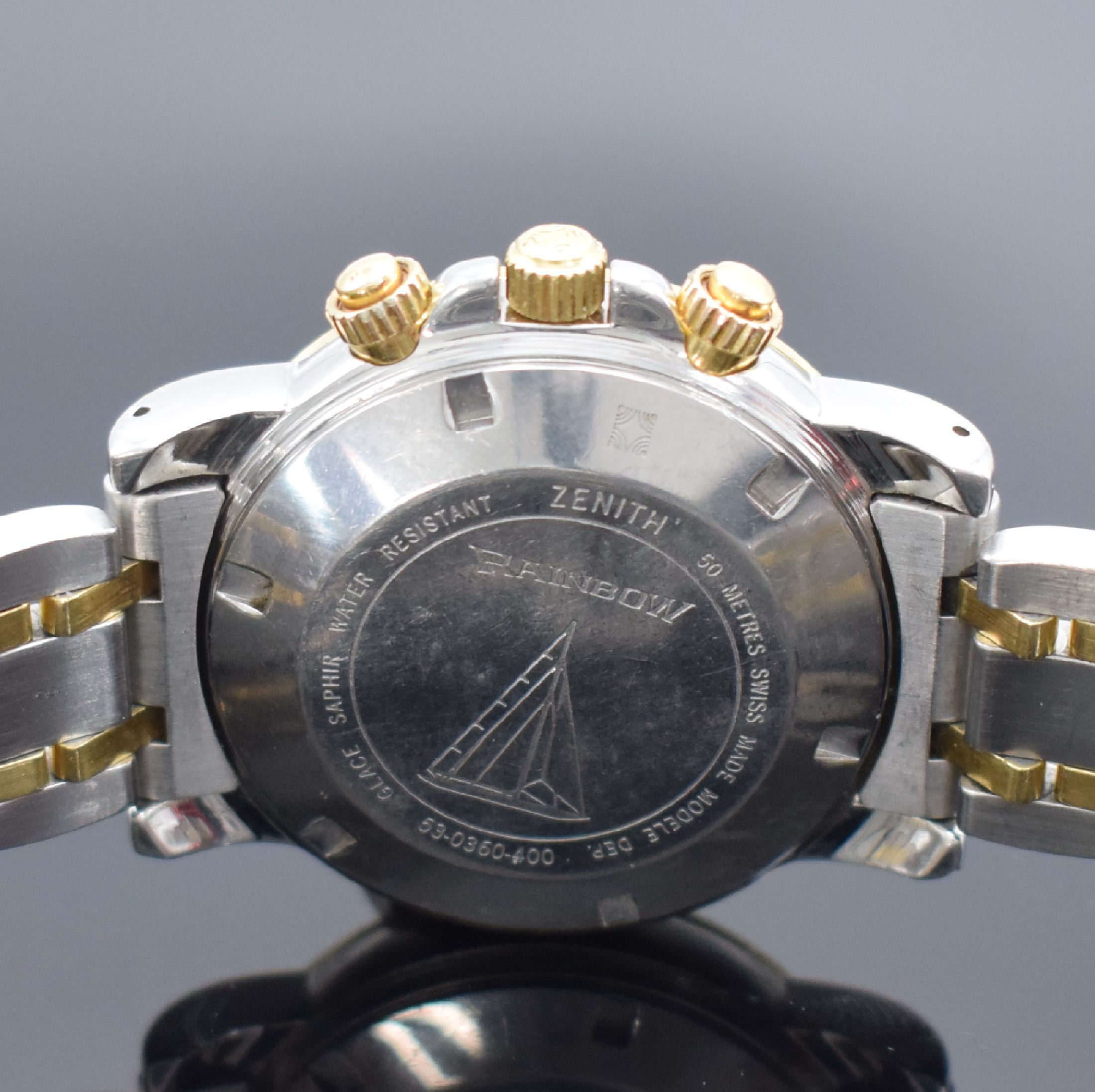 Detail d: ZENITH El Primero Rainbow Herrenchronograph in Stahl/Gold Referenz 53-0360-400, Schweiz um 2000, Automatik, Boden, Krone & Drücker verschr., orig. ...