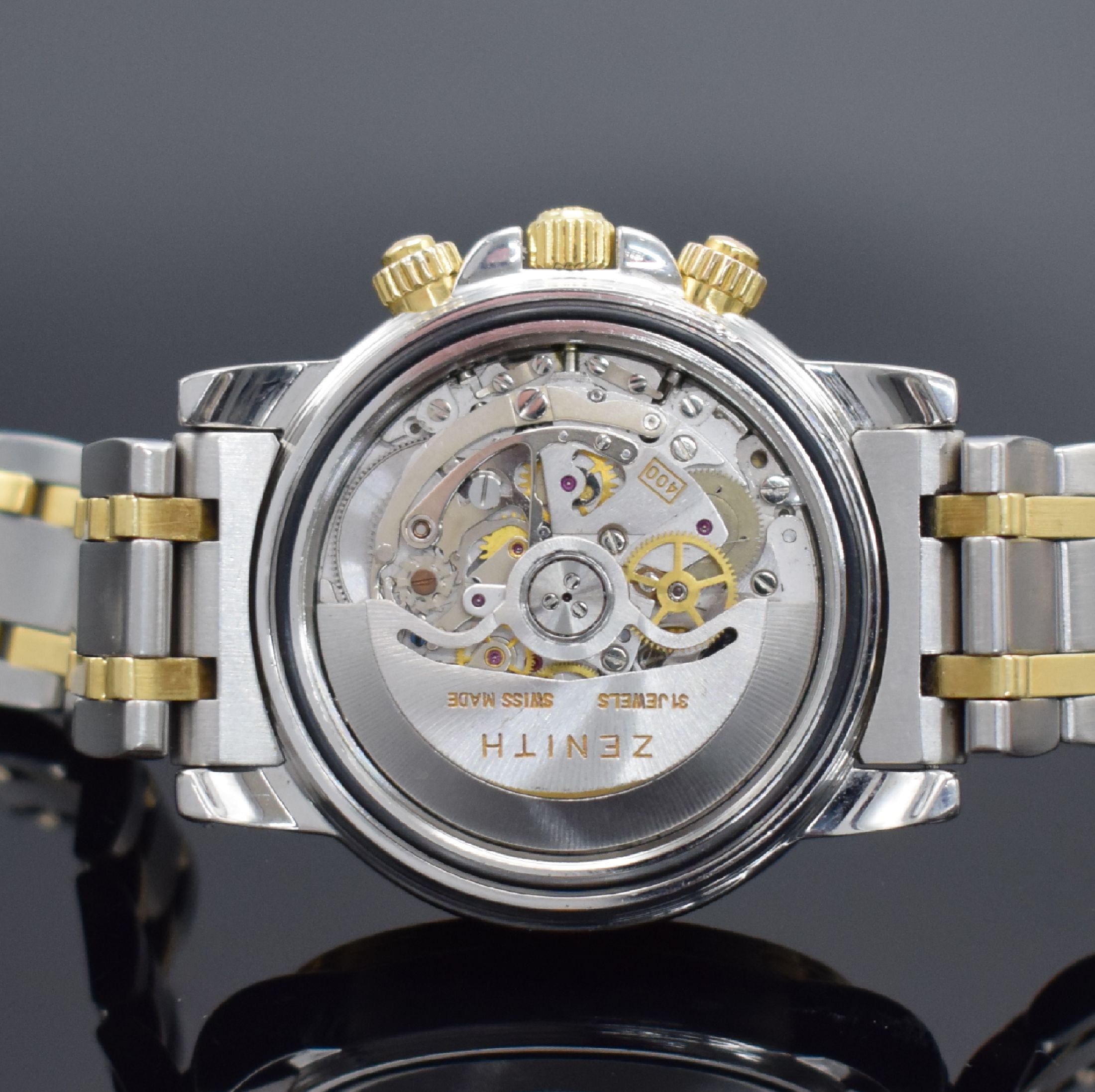 Detail e: ZENITH El Primero Rainbow Herrenchronograph in Stahl/Gold Referenz 53-0360-400, Schweiz um 2000, Automatik, Boden, Krone & Drücker verschr., orig. ...