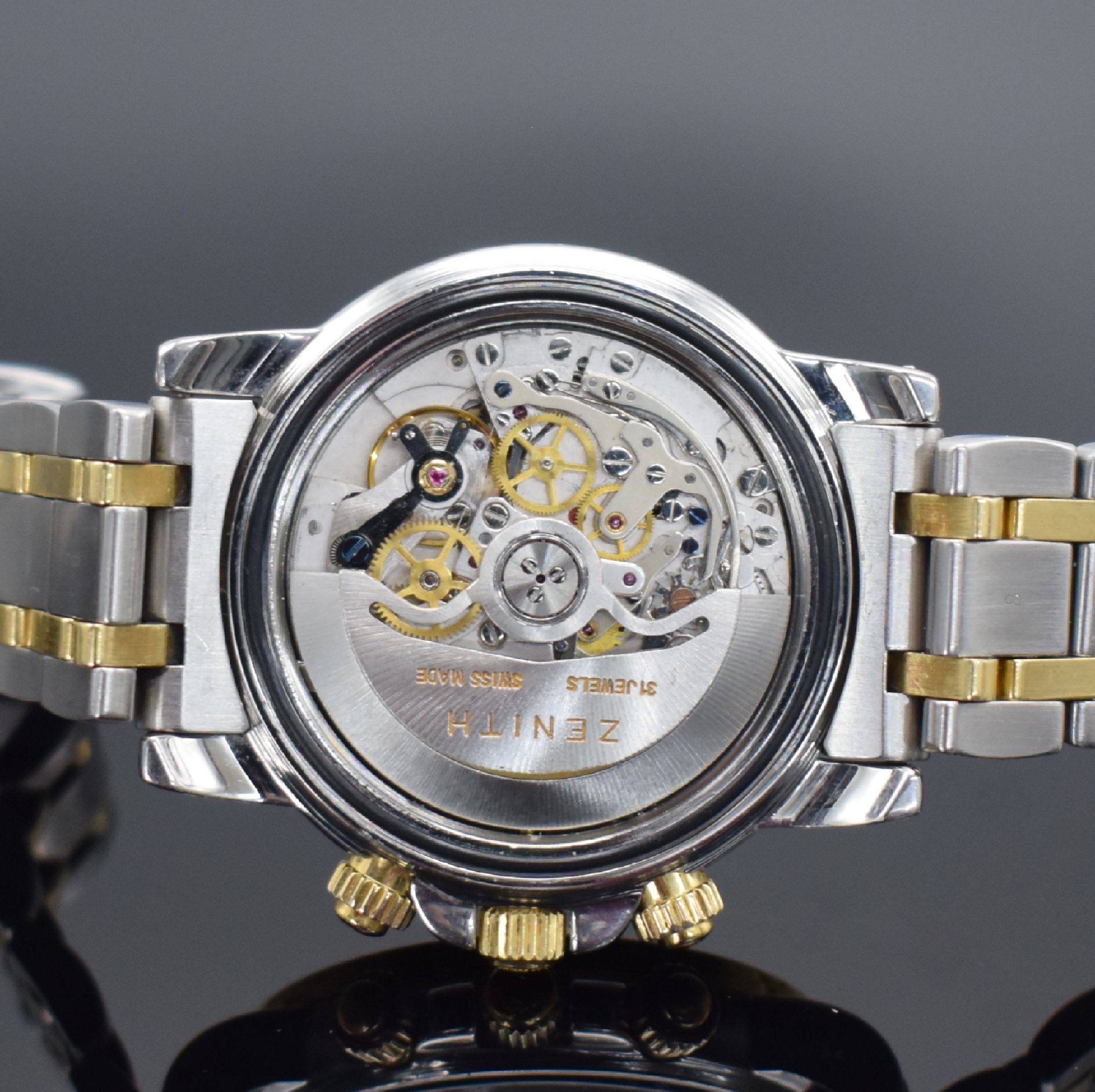 Detail f: ZENITH El Primero Rainbow Herrenchronograph in Stahl/Gold Referenz 53-0360-400, Schweiz um 2000, Automatik, Boden, Krone & Drücker verschr., orig. ...