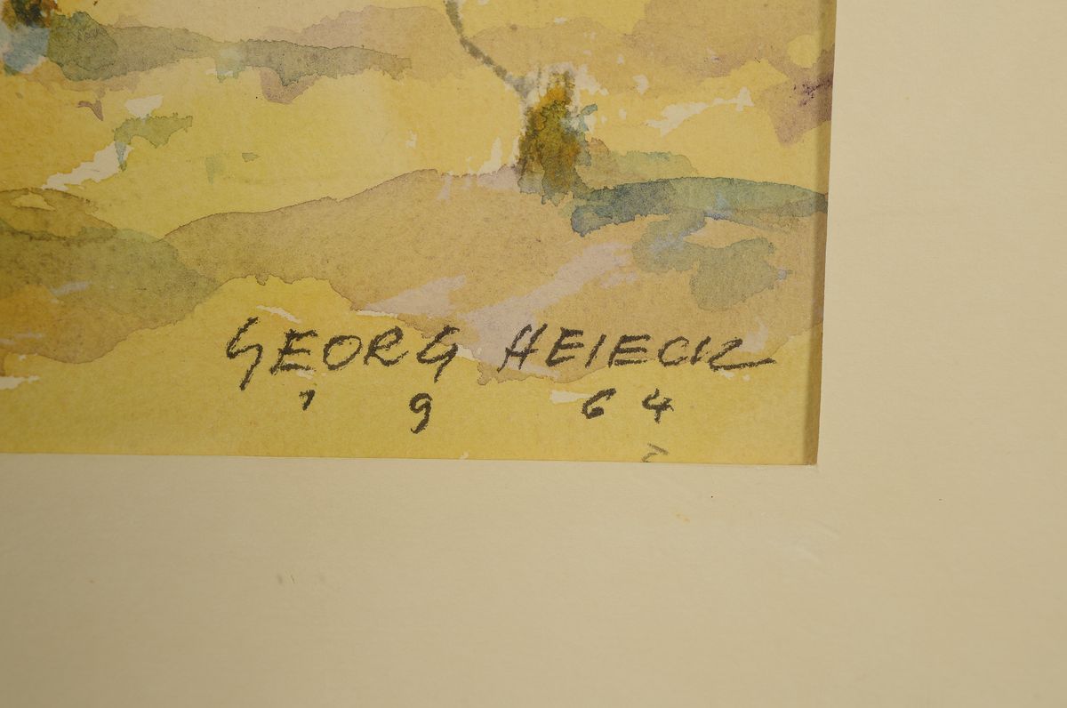 Detail a: Georg Heieck, Aquarell, Pfälzer Weindorf, signiert und dat. 1964, ca. 34 x 46 cm, unter Glas, Rahmen
