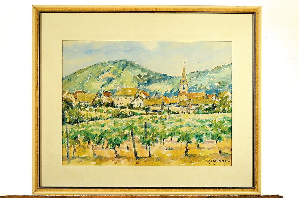Detail k: Georg Heieck, Aquarell, Pfälzer Weindorf, signiert und dat. 1964, ca. 34 x 46 cm, unter Glas, Rahmen