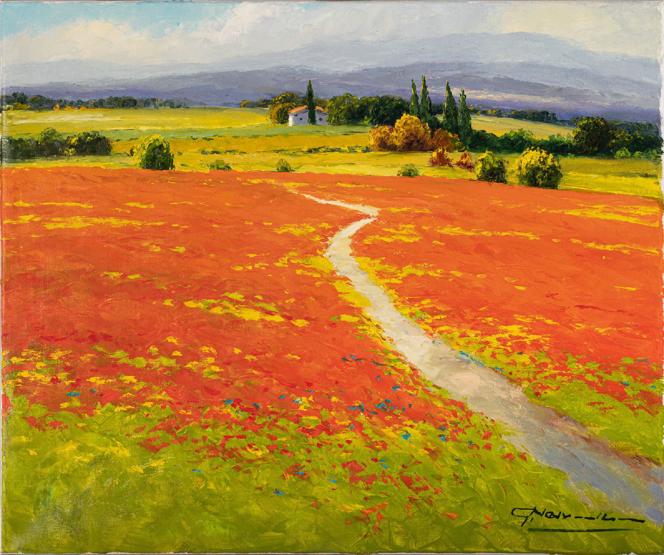 Detail c: Gerhard Nesvadba, geb. 1941 (Hessen), drei sommerliche Landschaften mit blühenden Feldern, je signiert, Öl/Lwd, ungerahmt, je 60x50 cm