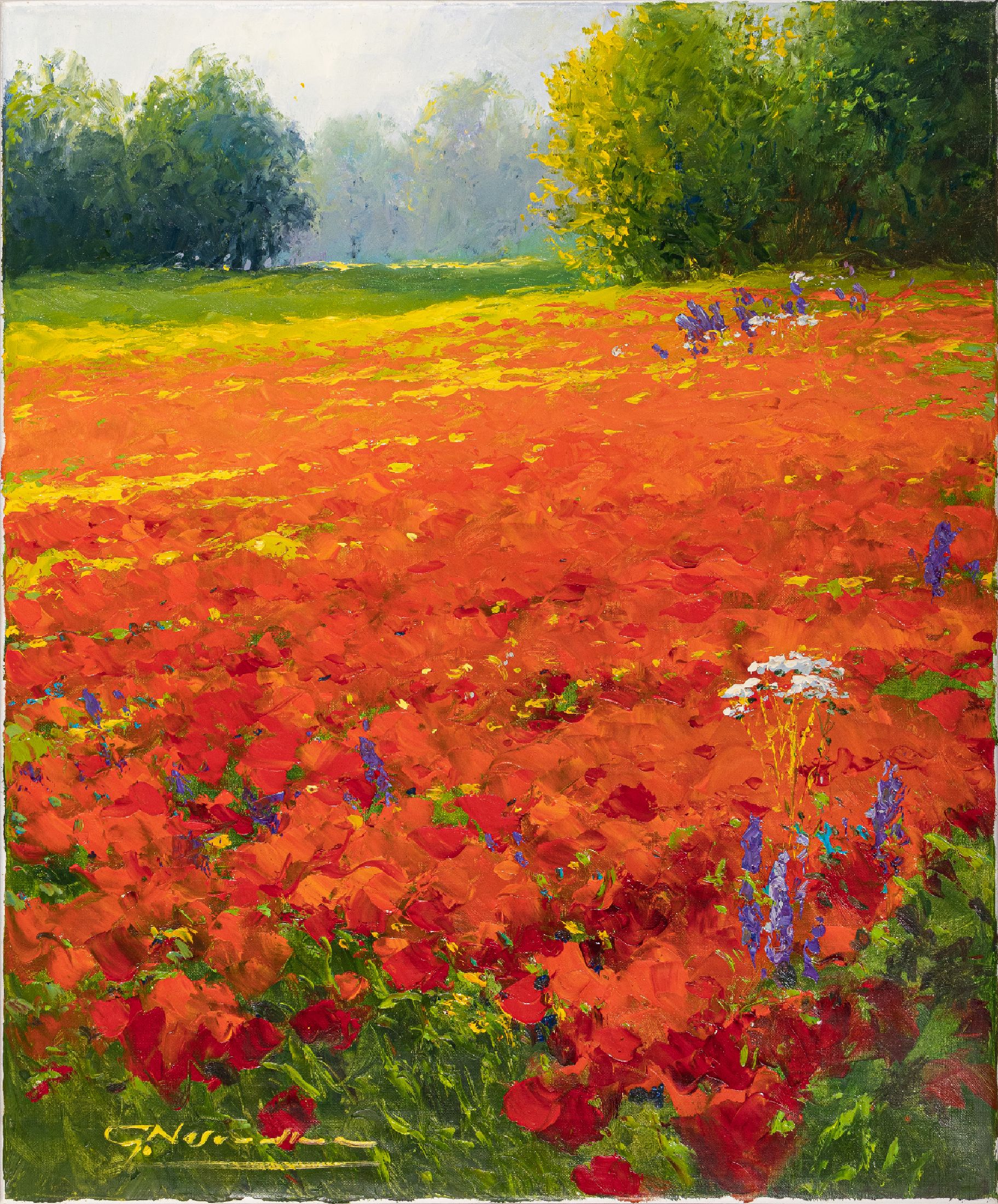 Detail e: Gerhard Nesvadba, geb. 1941 (Hessen), drei sommerliche Landschaften mit blühenden Feldern, je signiert, Öl/Lwd, ungerahmt, je 60x50 cm