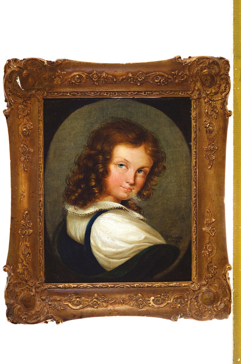 Detail k: Zuschreibung: Karl Brauer, 1794 Oels/Polen - 1866, Bildnis eines jungen Mädchens mit blonden Locken, über die Schulter blickend, ovaler ...