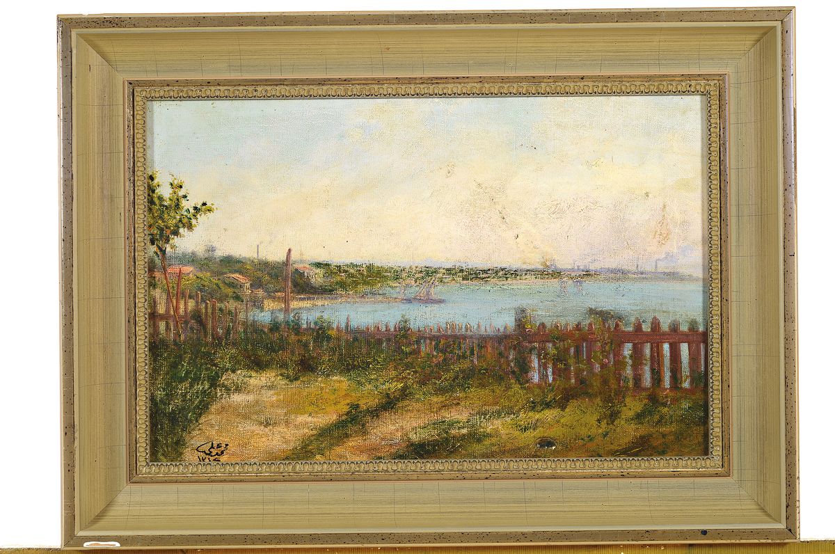 Detail k: Unbekannter Orientalist des frühen 20.Jh., datiert 1912, Ansicht wohl von Konstantinopel, am Horizont die Silhouette der Stadt, links unten ...