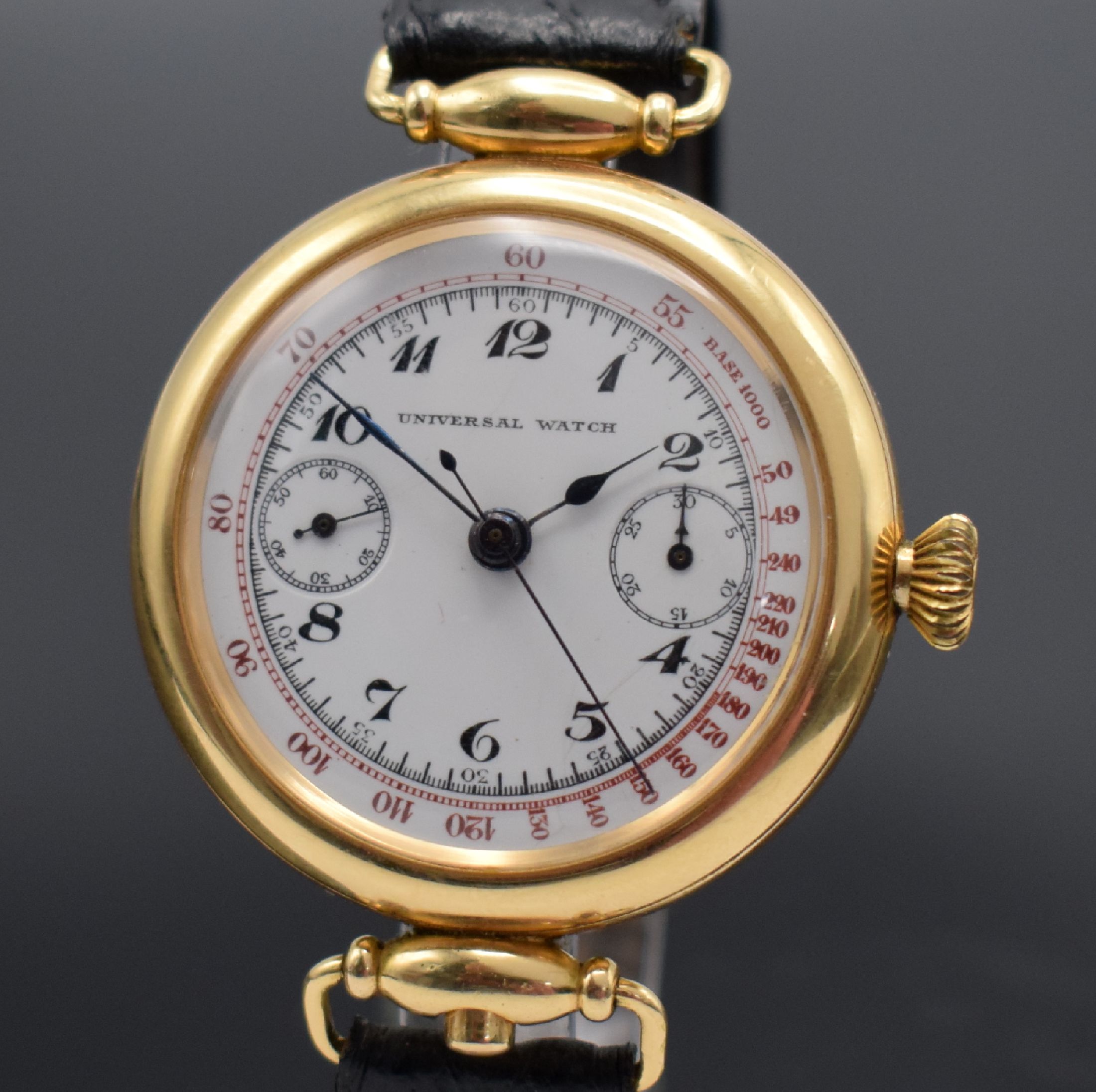 Detail a: UNIVERSAL WATCH großer & früher Schaltradchronograph in GG 750/000, Schweiz um 1930, Handaufzug, neutr. Geh., Rückdeckel m. Scharnier, Drücker f. ...
