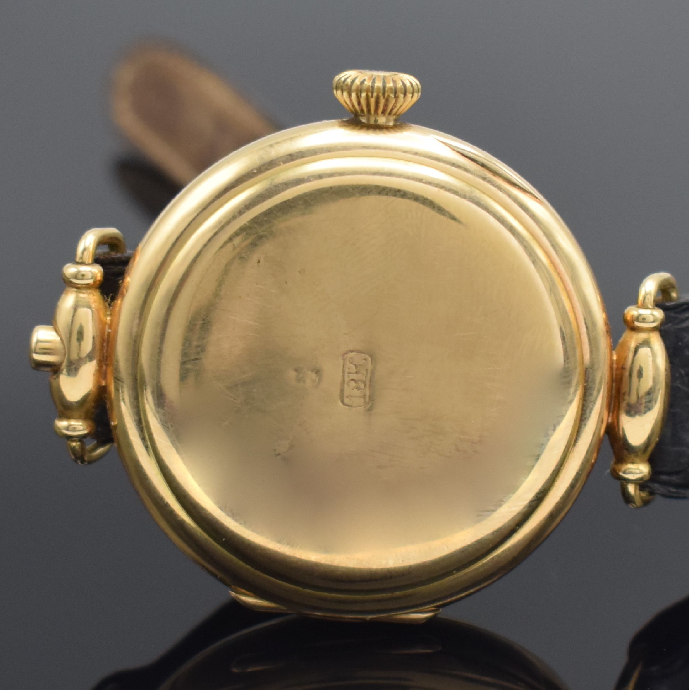 Detail e: UNIVERSAL WATCH großer & früher Schaltradchronograph in GG 750/000, Schweiz um 1930, Handaufzug, neutr. Geh., Rückdeckel m. Scharnier, Drücker f. ...