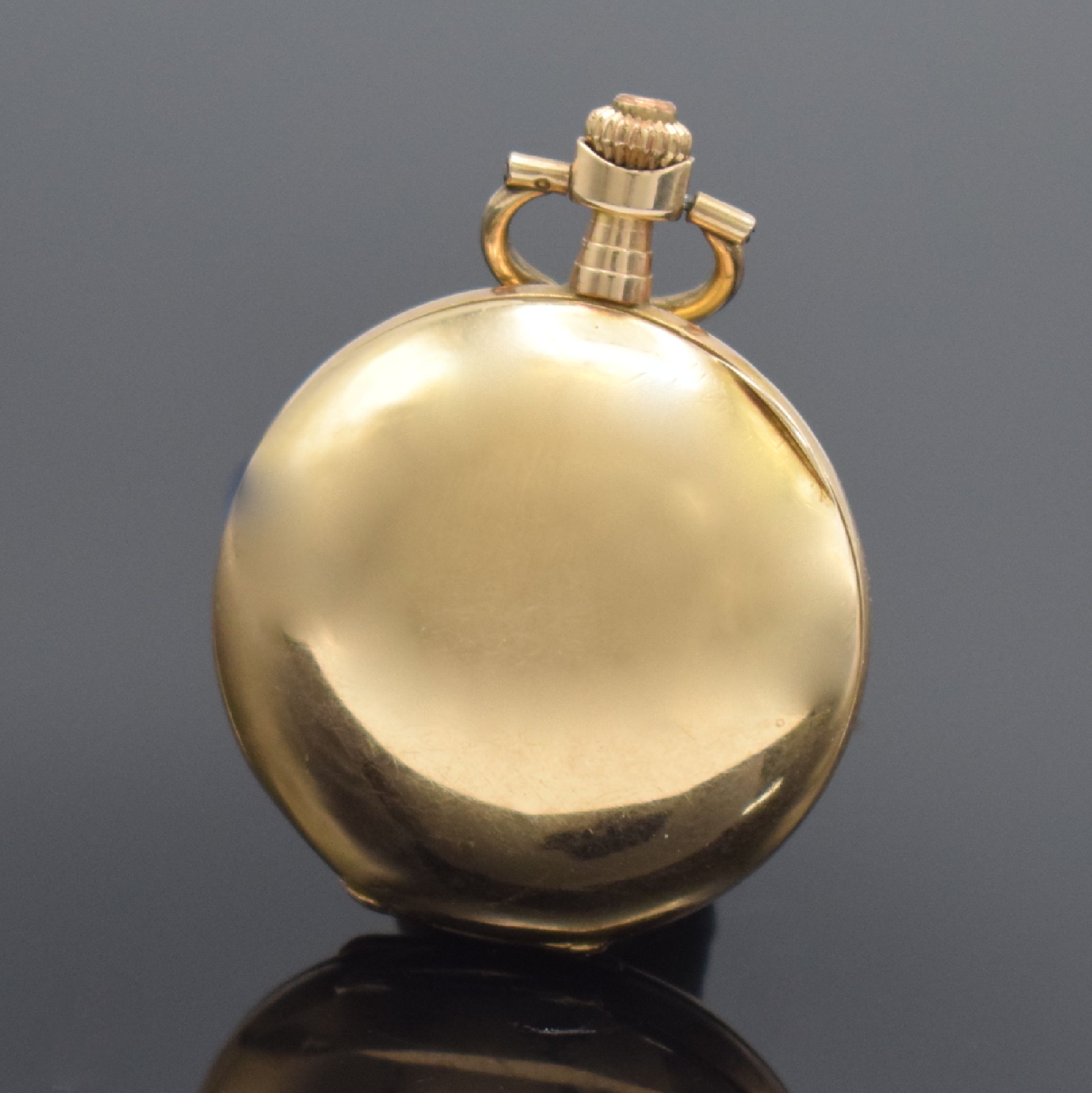Detail c: Damensavonette in GG 585/000, Schweiz um 1900, glattes 3-Deckel Goldgeh. dell., Sprungdeckel m. Diamant, Emailzifferbl. m. arab. Zahlen, gold. ...