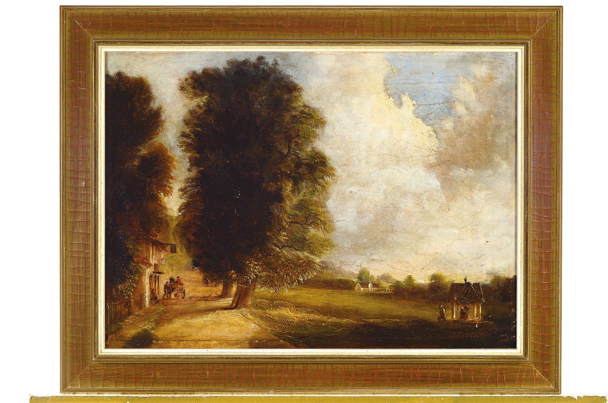 Detail k: Unbekannter Künstler des späten 19.Jh., ländliche Szene, links Fuhrwerk vor der Schenke, rechts der Blick über ein Brunnenhaus, Öl/Platte, ...
