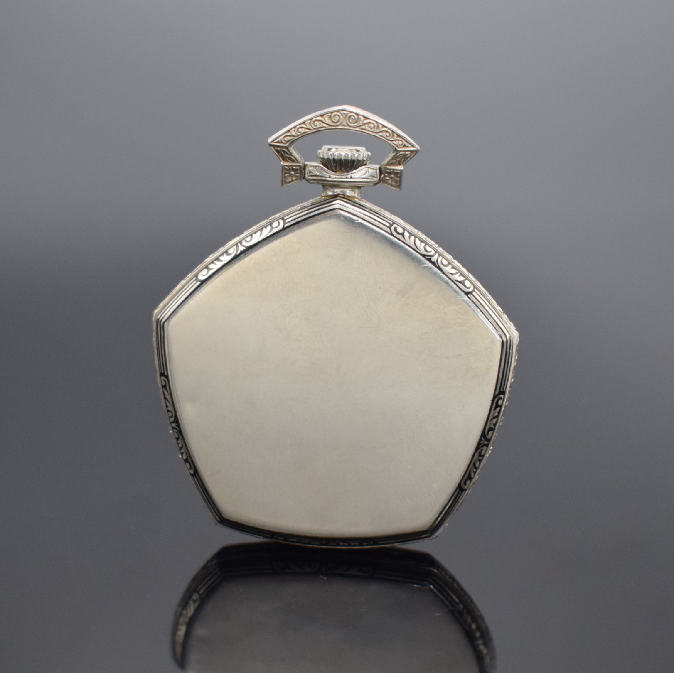 Detail a: GRUEN Precision ultra verithin offene Taschenuhr in WG 585/000, Schweiz/USA um 1930, Handaufzug, Gehäuserand emaill. & floral grav., aufgedr. Boden ...