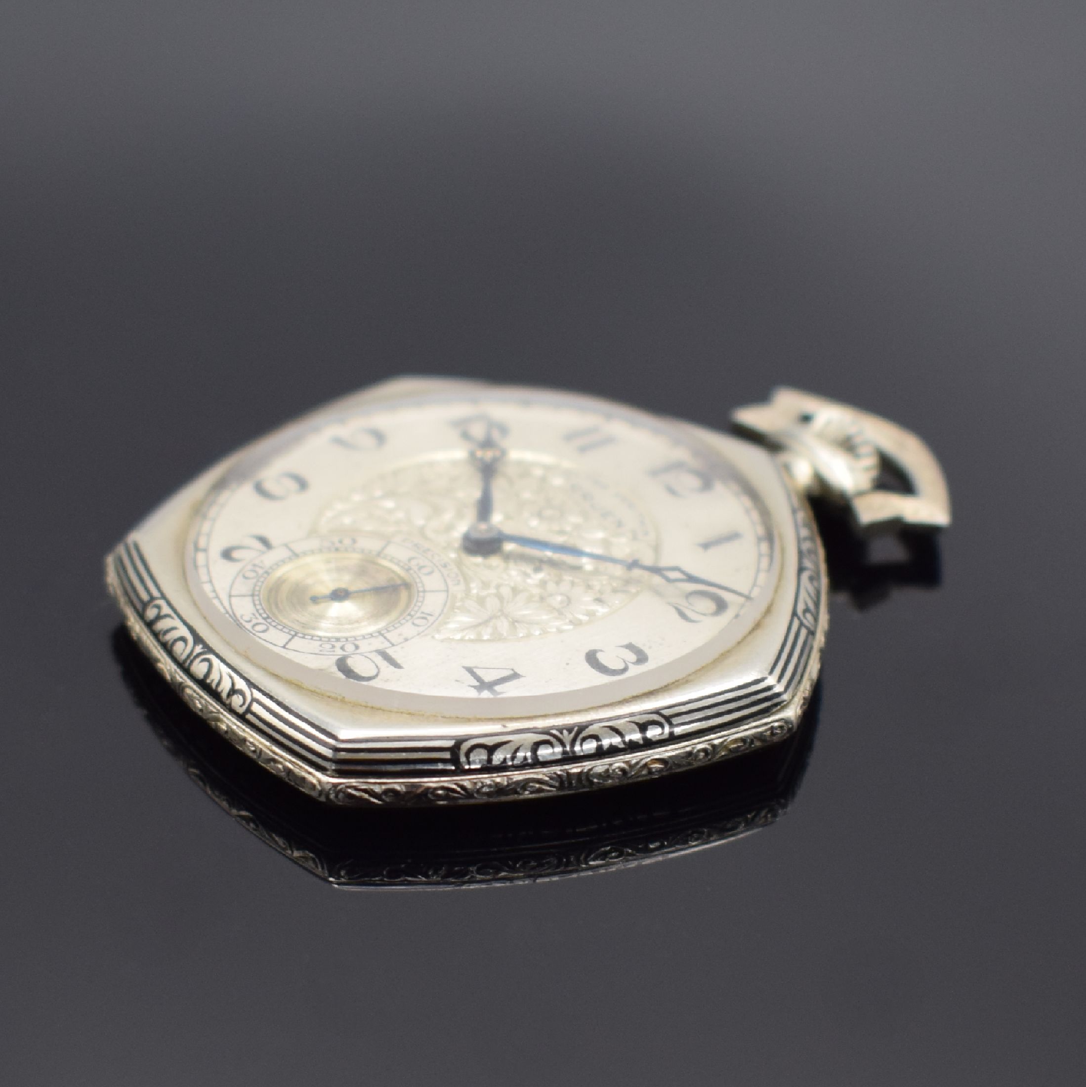 Detail b: GRUEN Precision ultra verithin offene Taschenuhr in WG 585/000, Schweiz/USA um 1930, Handaufzug, Gehäuserand emaill. & floral grav., aufgedr. Boden ...