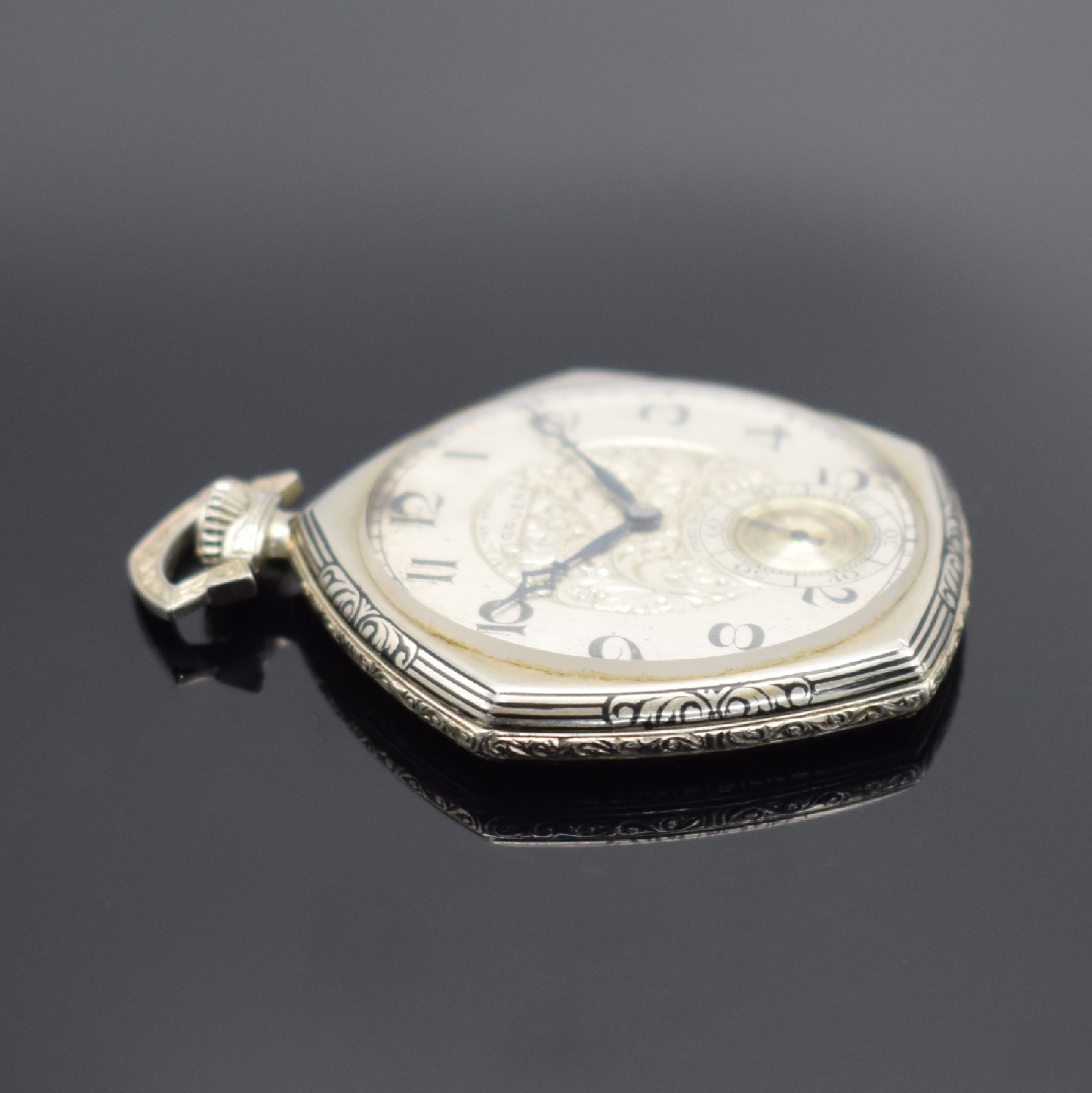 Detail c: GRUEN Precision ultra verithin offene Taschenuhr in WG 585/000, Schweiz/USA um 1930, Handaufzug, Gehäuserand emaill. & floral grav., aufgedr. Boden ...