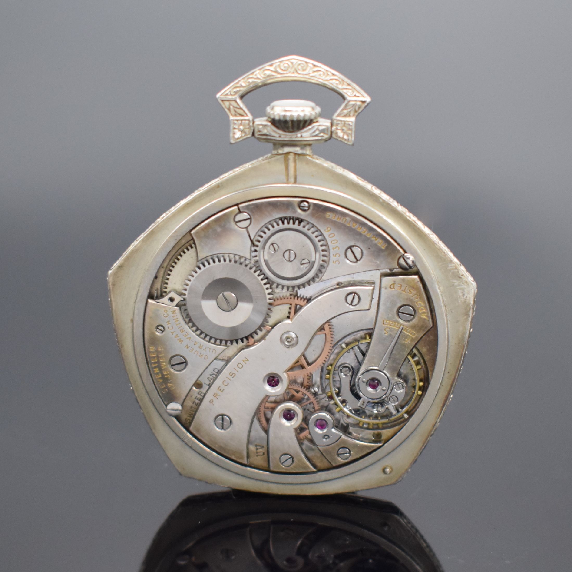 Detail d: GRUEN Precision ultra verithin offene Taschenuhr in WG 585/000, Schweiz/USA um 1930, Handaufzug, Gehäuserand emaill. & floral grav., aufgedr. Boden ...