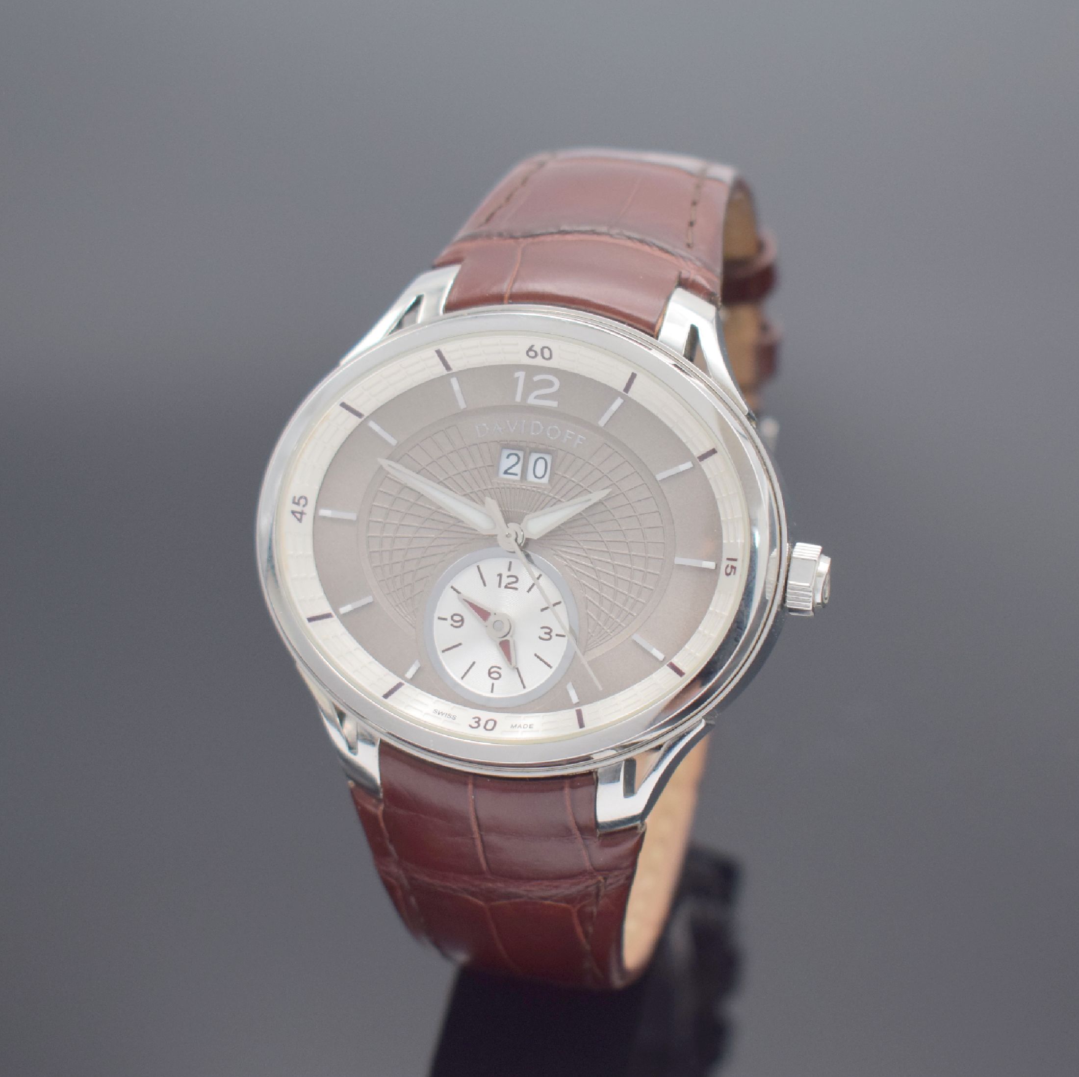 DAVIDOFF Very Zino Dual Time Herrenarmbanduhr in Stahl, Schweiz um 2010, Automatik, Ref. 20343, beids. vergl. Geh., Boden 6-fach verschr., orig. ...