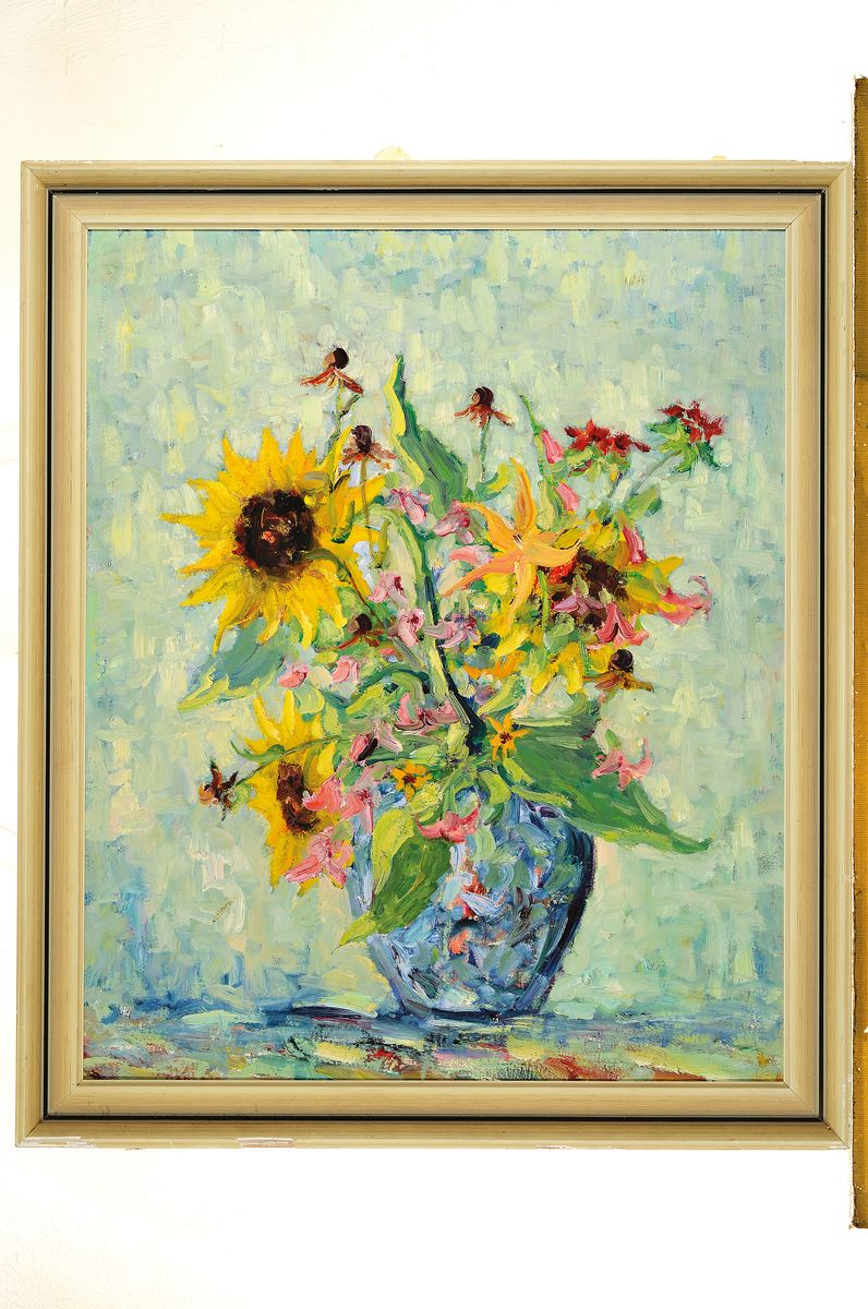 Detail k: Unbekannter Künstler der 1950er/60er Jahre, Blumenstillleben, Öl/Spanplatte, unsigniert, postimpressionistische Malweise, ca. 60x50cm, R. ca. ...