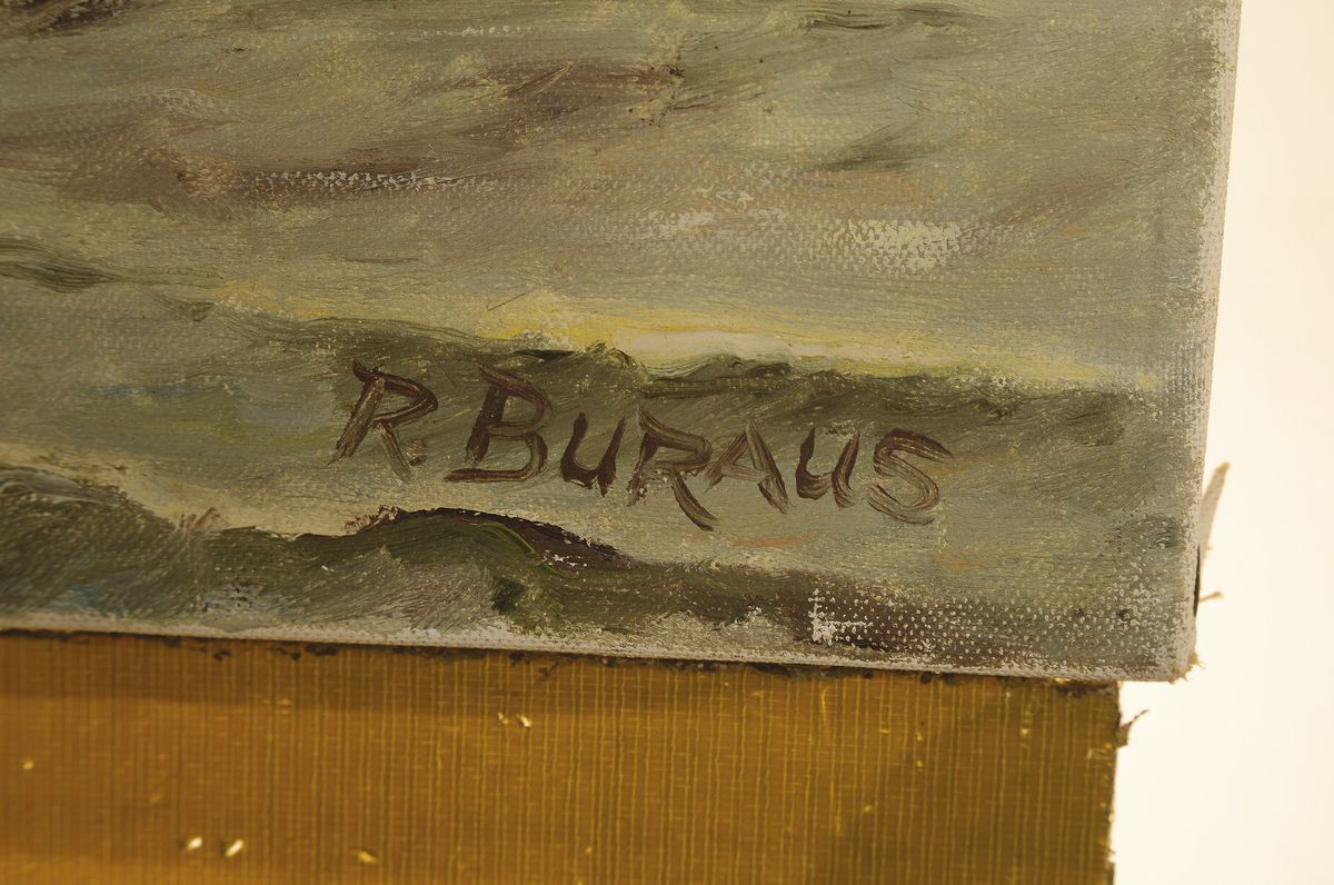 Detail a: R. Buraus, Maler der Mitte des 20. Jh., Blick in den Hamburger Hafen, Öl/Lwd, rechts seitlich kleinere Oberflächenschäden, rechts unten signiert, ...