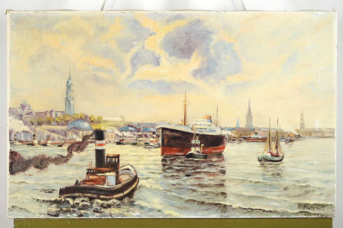Detail k: R. Buraus, Maler der Mitte des 20. Jh., Blick in den Hamburger Hafen, Öl/Lwd, rechts seitlich kleinere Oberflächenschäden, rechts unten signiert, ...