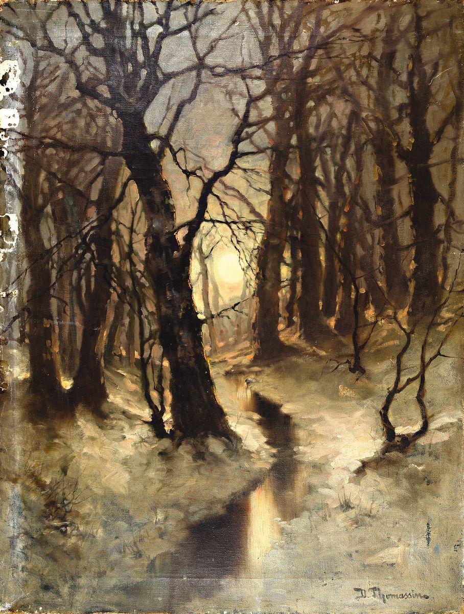 Desiré Thomassin, 1858 Wien-1933 München, Vollmond im verschneiten Winterwald, Öl/Lwd, rechts unten signiert, mit Farbschäden, besonders seitlich ...