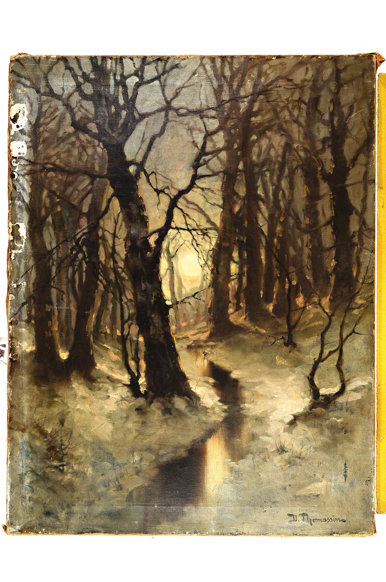Detail k: Desiré Thomassin, 1858 Wien-1933 München, Vollmond im verschneiten Winterwald, Öl/Lwd, rechts unten signiert, mit Farbschäden, besonders seitlich ...