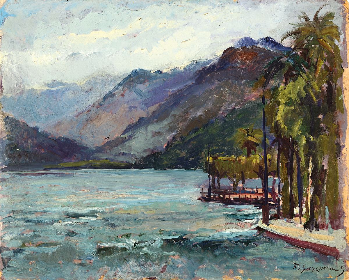 Ferruccio Garopesani, 1914-1985, Landschaft am See in den Bergen, Öl/Holz, rechts unten signiert, ca. 40x50cm