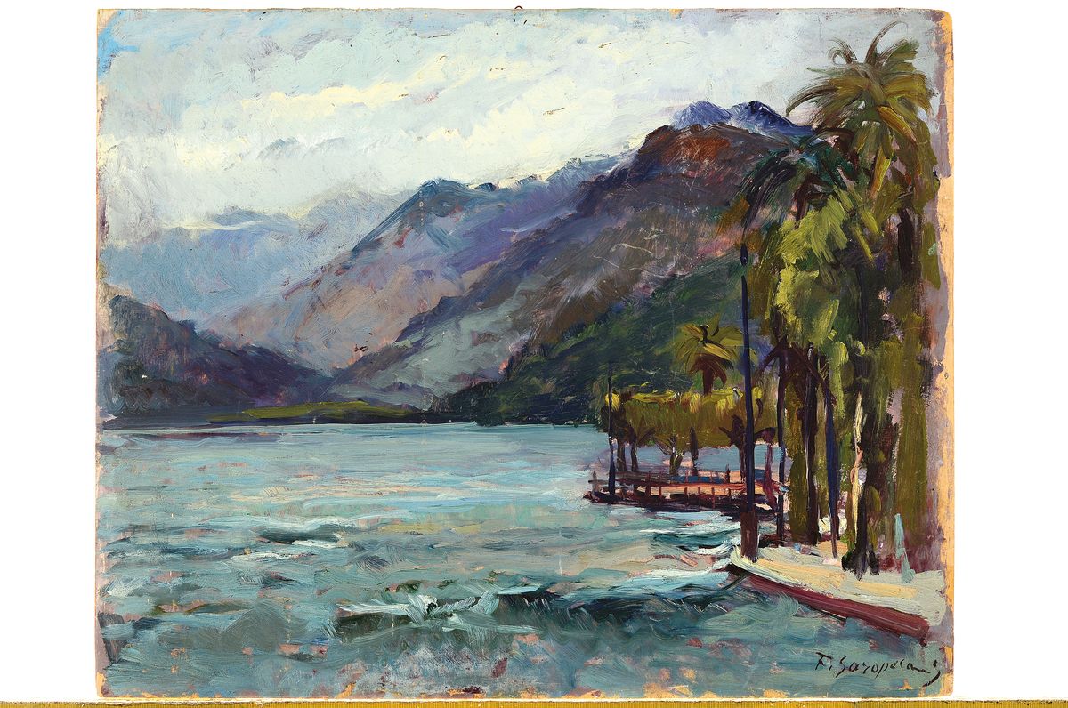 Detail k: Ferruccio Garopesani, 1914-1985, Landschaft am See in den Bergen, Öl/Holz, rechts unten signiert, ca. 40x50cm