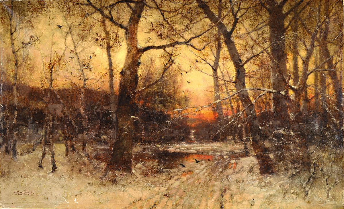 Ludwig Lanckow, 1845 Düsseldorf-1908 Hamburg, Abendrot im verschneiten Winterwald, feine Malerei im erkennbaren Stil der Düsseldorfer Schule, ...