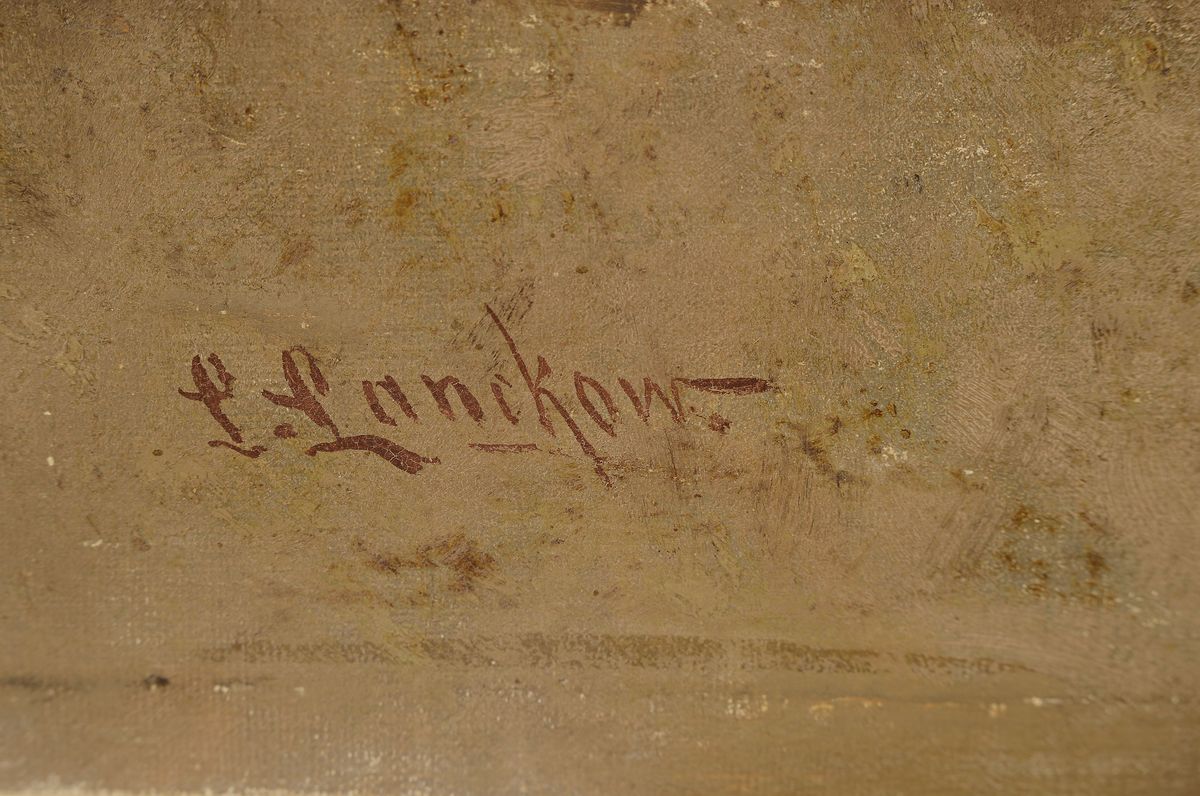Detail a: Ludwig Lanckow, 1845 Düsseldorf-1908 Hamburg, Abendrot im verschneiten Winterwald, feine Malerei im erkennbaren Stil der Düsseldorfer Schule, ...