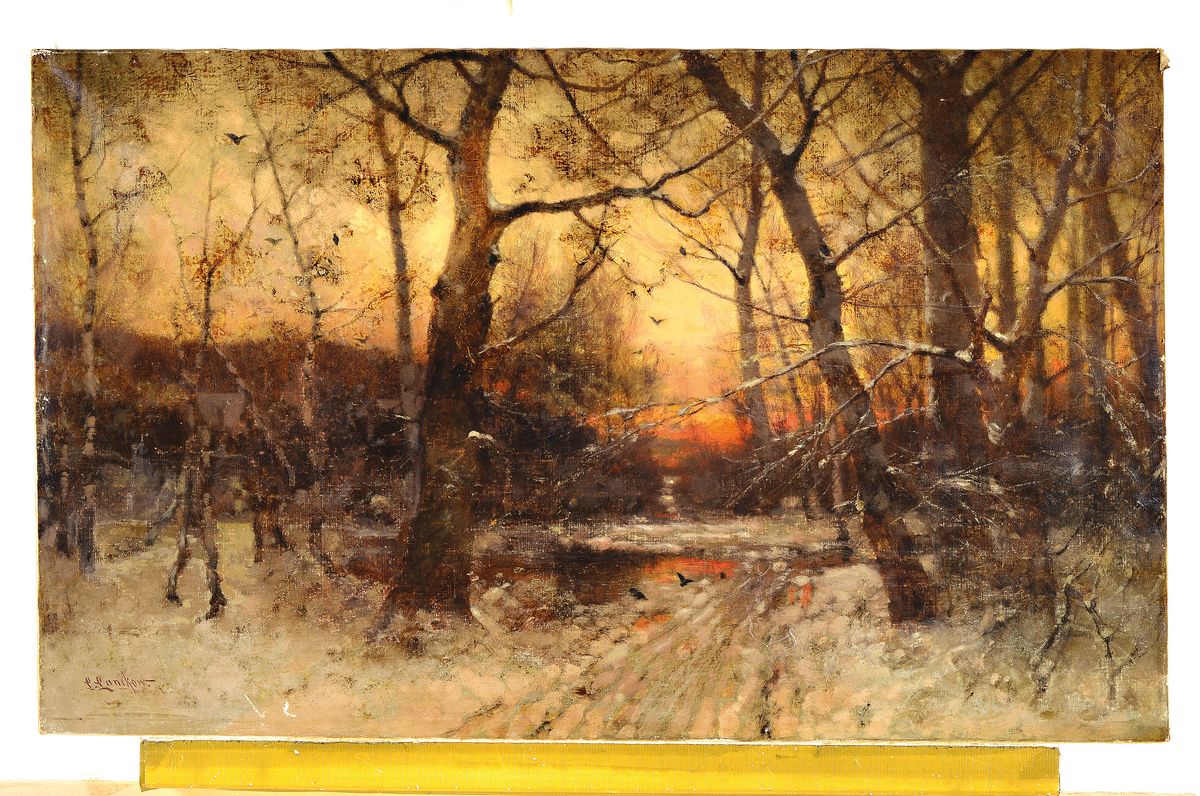 Detail k: Ludwig Lanckow, 1845 Düsseldorf-1908 Hamburg, Abendrot im verschneiten Winterwald, feine Malerei im erkennbaren Stil der Düsseldorfer Schule, ...