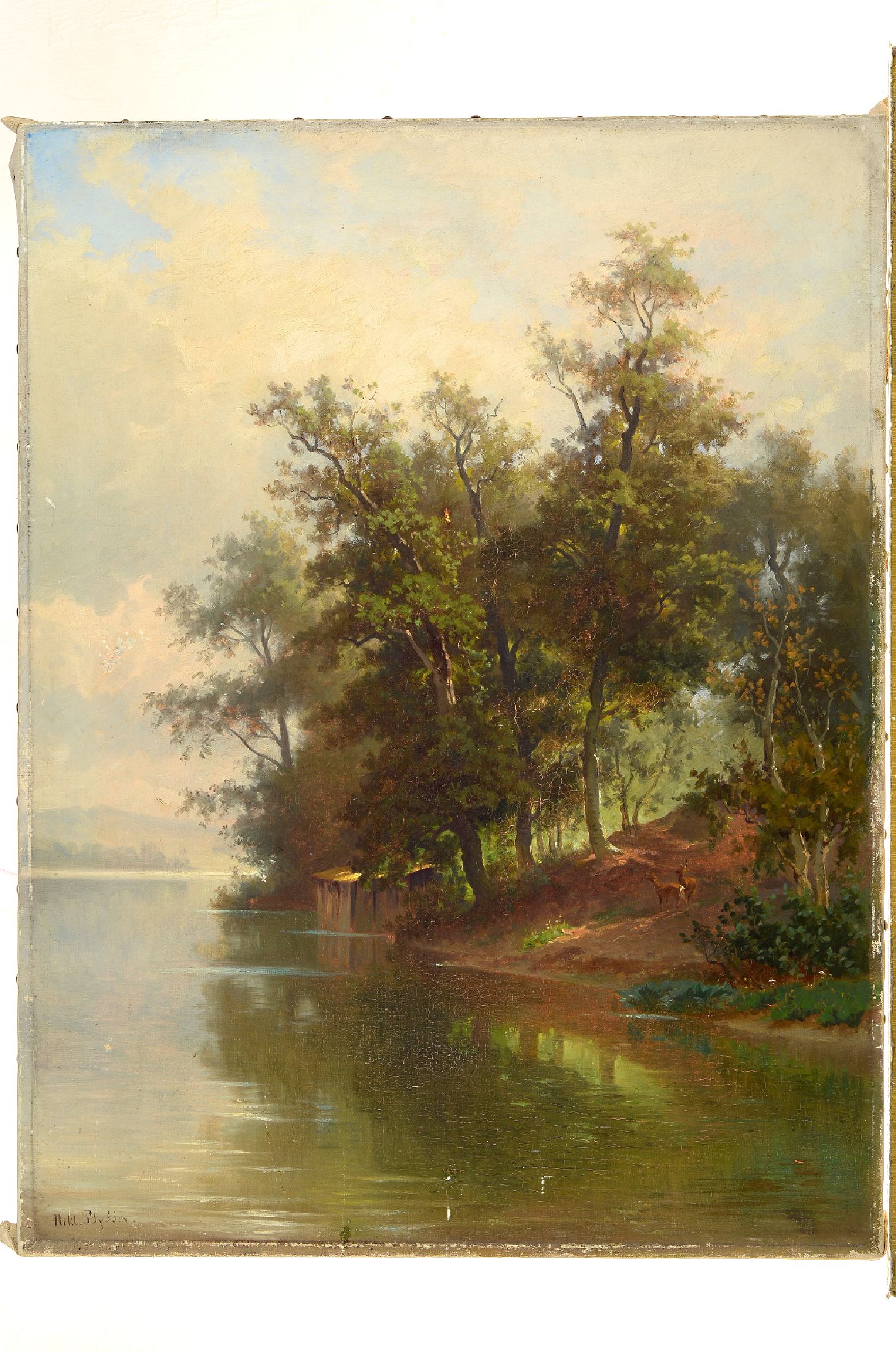 Niklaus Pfyffer, 1836-1908 Luzern, bewaldete Seeuferlandschaft mit Rehen, Öl/Lwd, links unten signiert, mit kleineren laienhaften Restaurierungen, ...