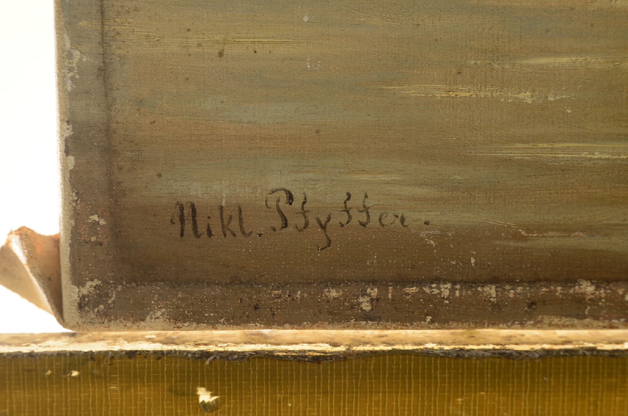 Detail a: Niklaus Pfyffer, 1836-1908 Luzern, bewaldete Seeuferlandschaft mit Rehen, Öl/Lwd, links unten signiert, mit kleineren laienhaften Restaurierungen, ...