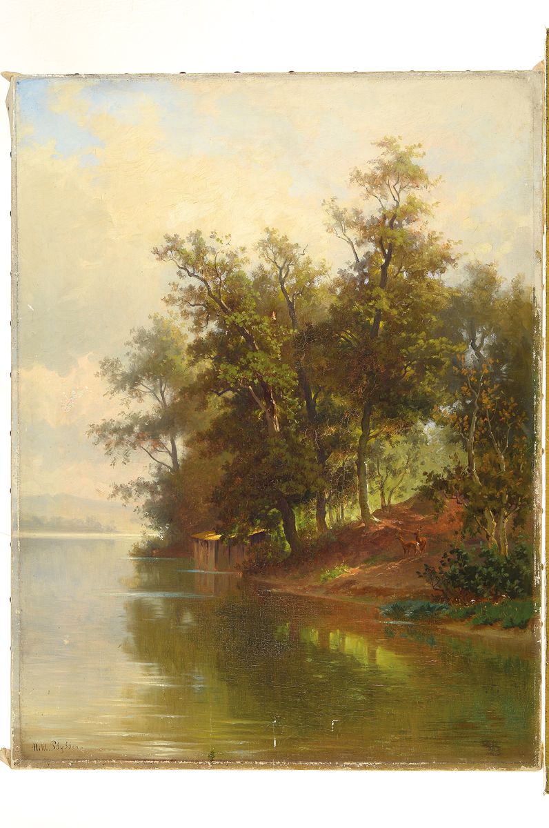 Detail k: Niklaus Pfyffer, 1836-1908 Luzern, bewaldete Seeuferlandschaft mit Rehen, Öl/Lwd, links unten signiert, mit kleineren laienhaften Restaurierungen, ...
