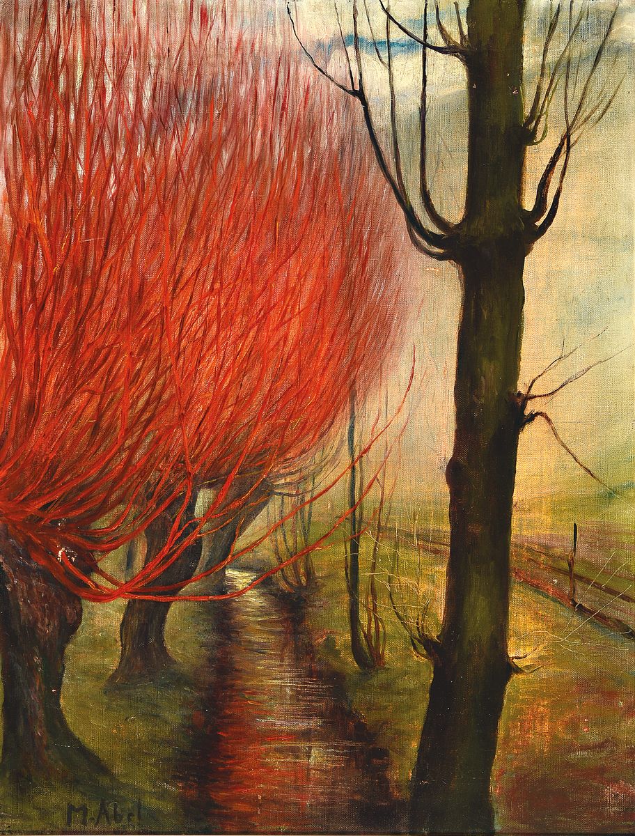 M. Abel, Maler der 1950er/60er Jahre, feurige Kopfweiden am Kanal, Öl/Lwd, links unten signiert, ca. 54x42cm, R. ca. 67x54cm