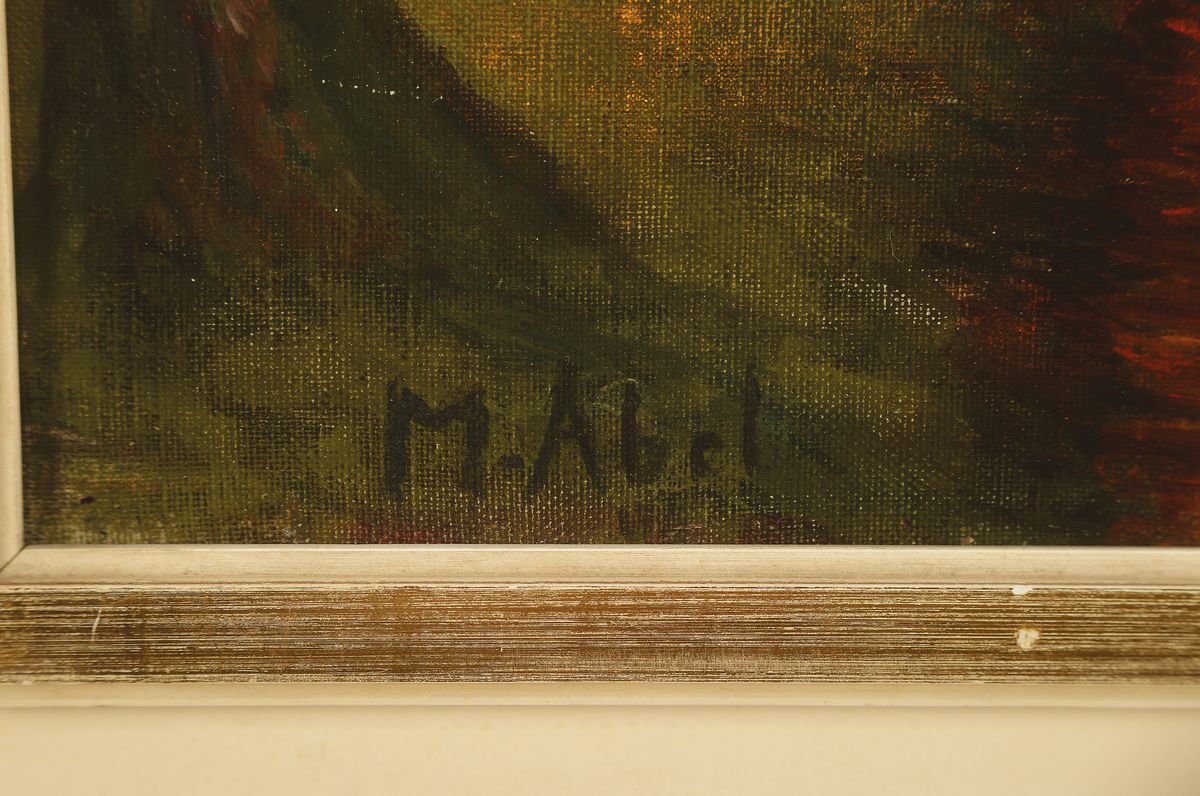 Detail a: M. Abel, Maler der 1950er/60er Jahre, feurige Kopfweiden am Kanal, Öl/Lwd, links unten signiert, ca. 54x42cm, R. ca. 67x54cm