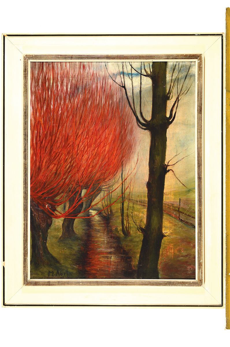 Detail k: M. Abel, Maler der 1950er/60er Jahre, feurige Kopfweiden am Kanal, Öl/Lwd, links unten signiert, ca. 54x42cm, R. ca. 67x54cm