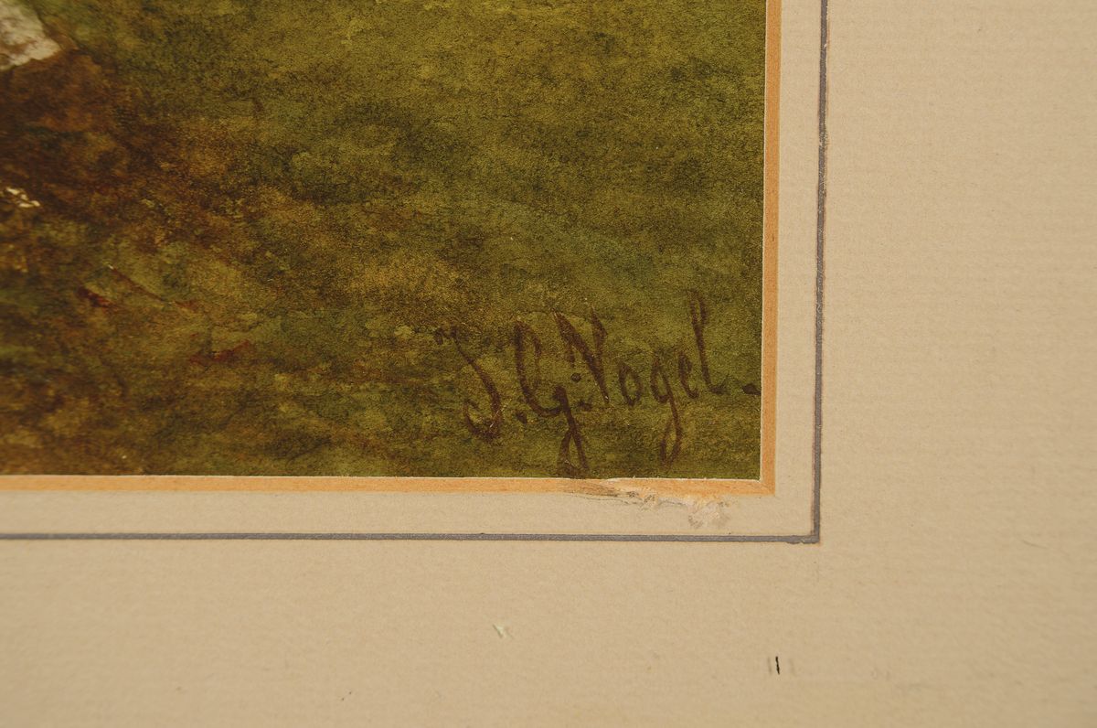 Detail a: Johannes Gijsbert Vogel, 1828 Drimmelen-1915 Velp, Niederlande, Hochalpine Landschaft mit Wildbach, Hütte und Ziegen, farbfrisches Aquarell auf ...
