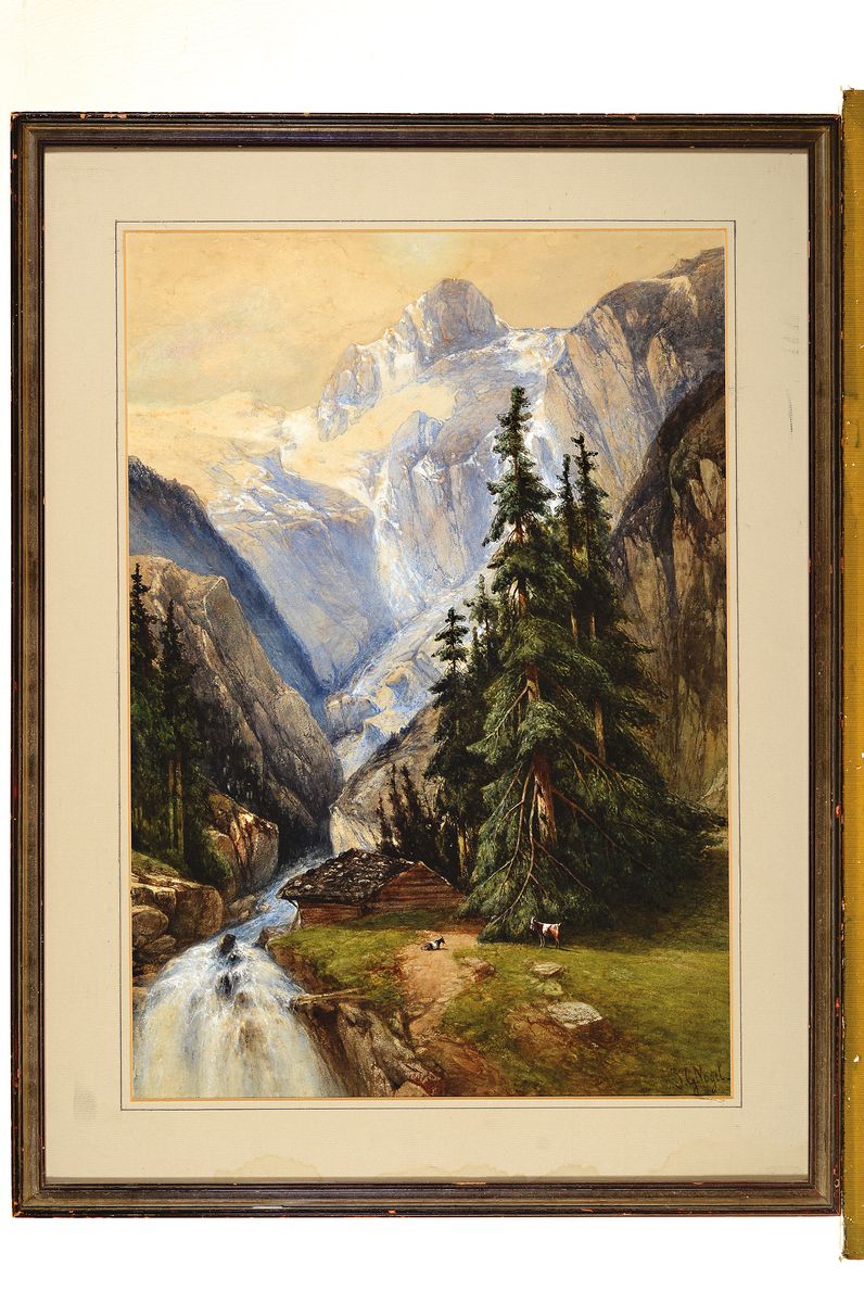 Detail k: Johannes Gijsbert Vogel, 1828 Drimmelen-1915 Velp, Niederlande, Hochalpine Landschaft mit Wildbach, Hütte und Ziegen, farbfrisches Aquarell auf ...