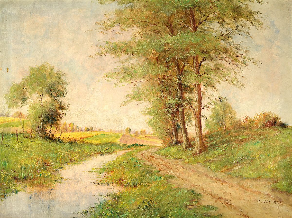Clemens Wolters, 1875-1955 Recklinghausen, Sommerliche Landschaft mit Wiese, Bachlauf und Bäumen, Öl/Lwd, rechts unten signiert, ca. 60x80cm, ...