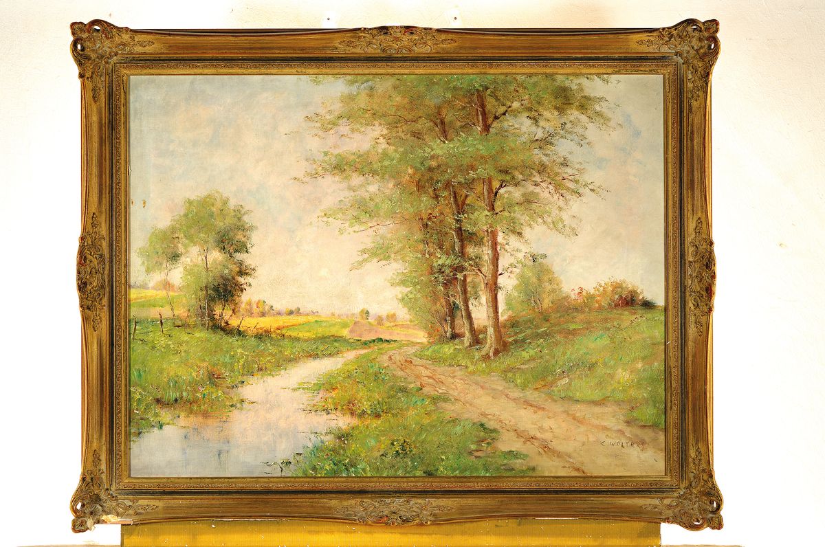 Detail k: Clemens Wolters, 1875-1955 Recklinghausen, Sommerliche Landschaft mit Wiese, Bachlauf und Bäumen, Öl/Lwd, rechts unten signiert, ca. 60x80cm, ...