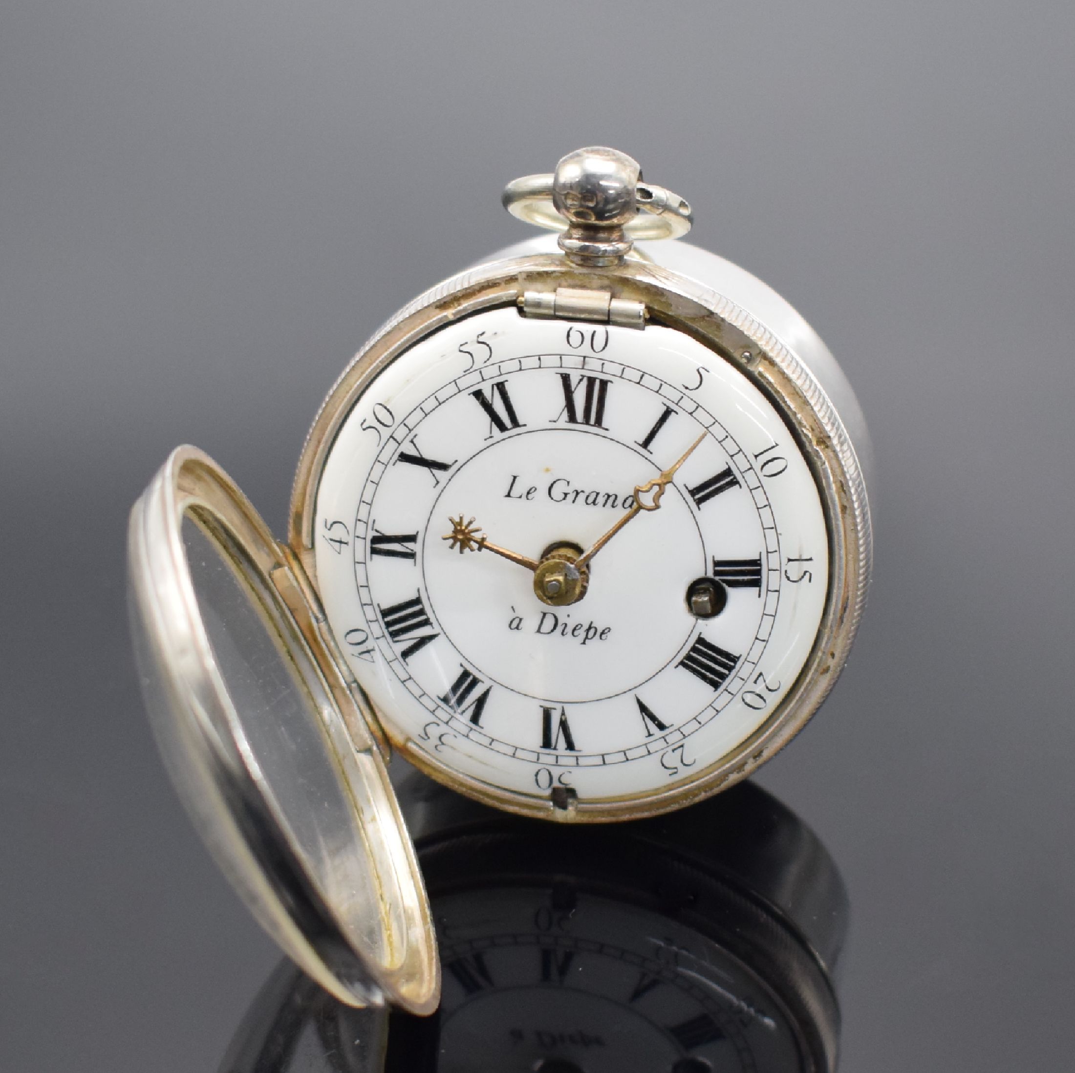 Detail b: Le GRAND à Dieppe frühes Spindelwerk mit Scheinpendel & 2 weitere Taschenuhren, Frankreich um 1720 / USA um 1900, 1. hohes verg. Werk m. ...