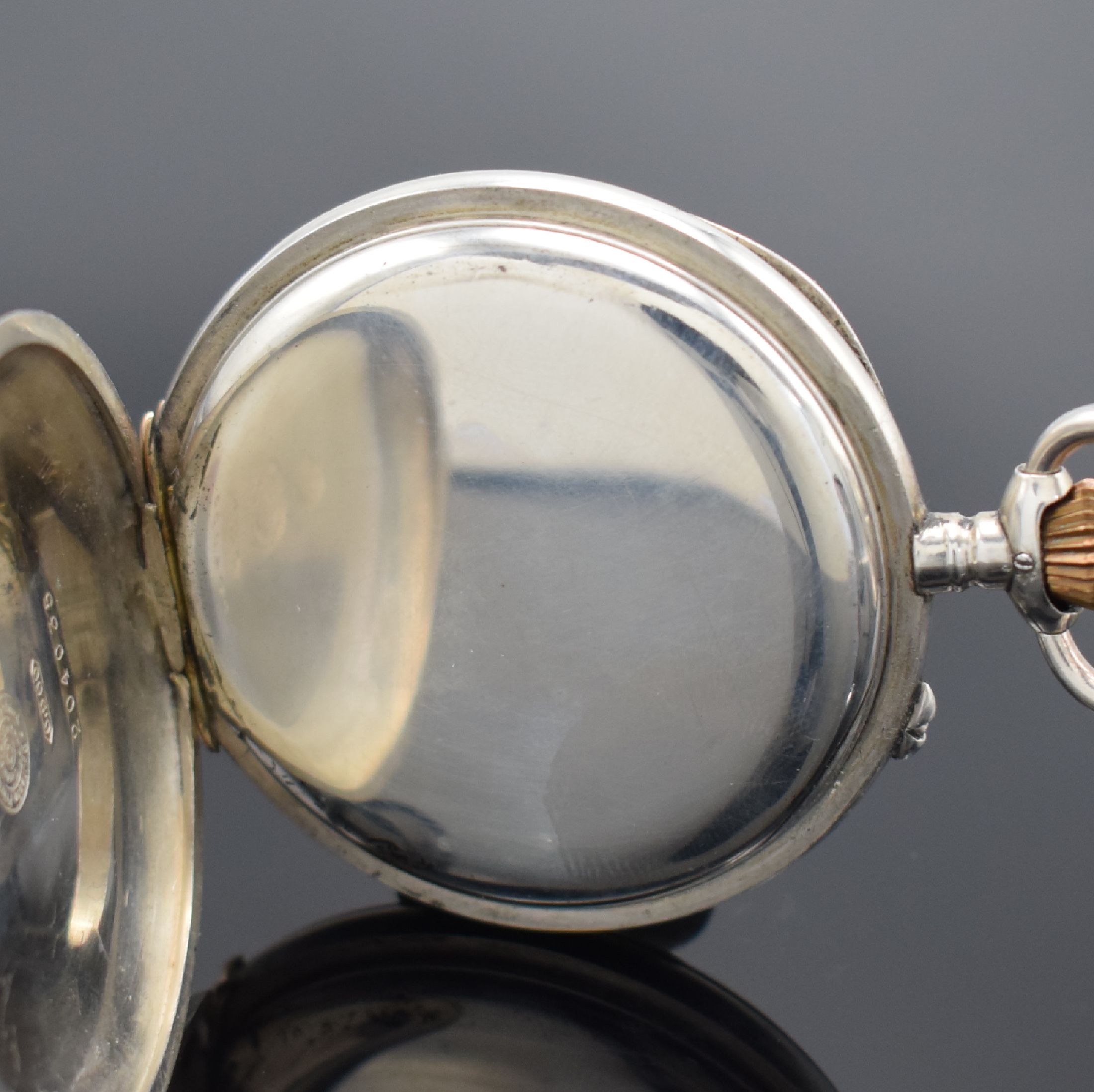 Detail c: DEUTSCHE PRÄZISIONSUHR ORIGINAL GLASHÜTTE offene silberne Taschenuhr, Deutschland um 1920, glattes Lucia-Geh. m. Goldscharnieren (1 x rep.), Krone ...