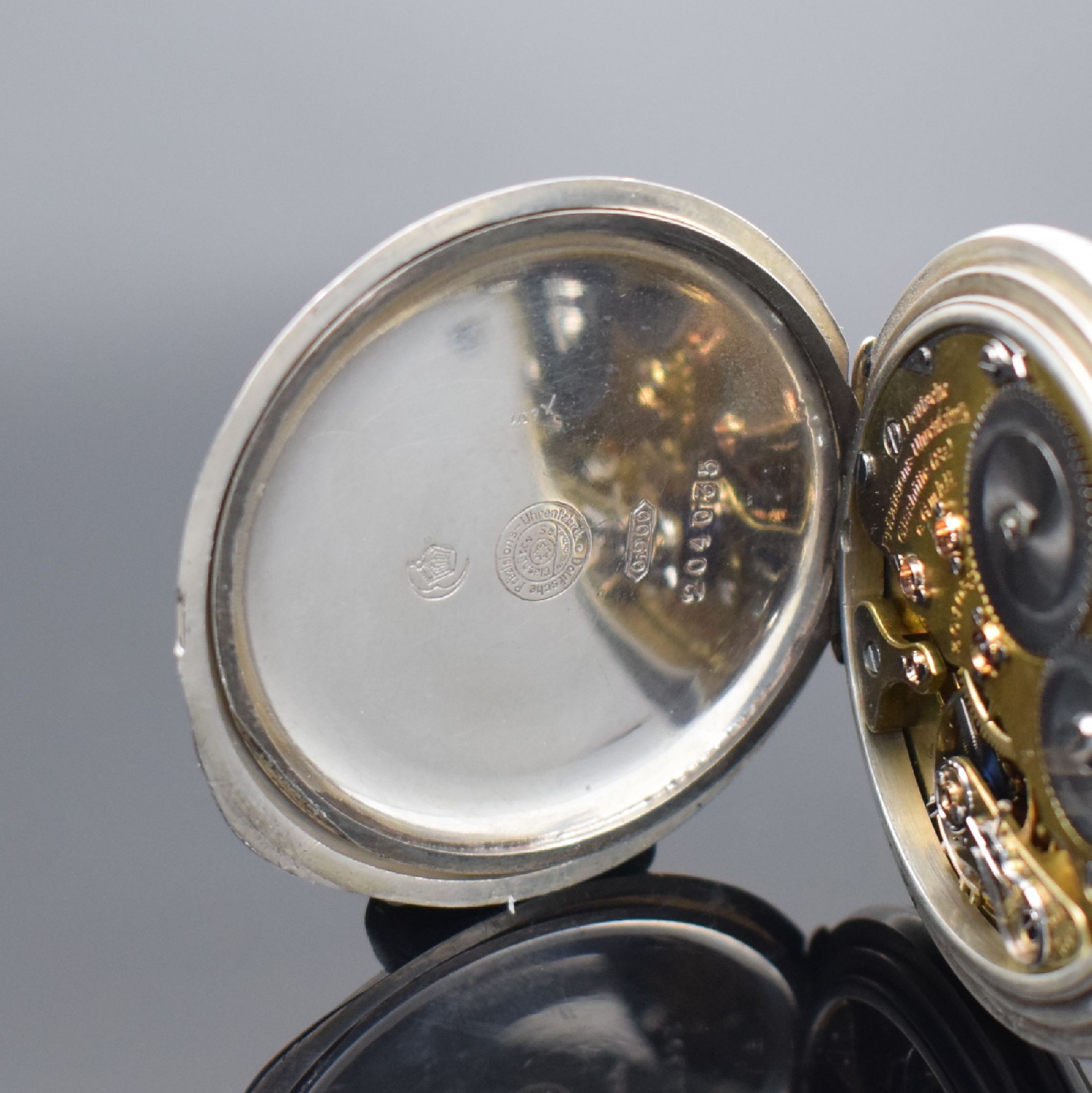 Detail d: DEUTSCHE PRÄZISIONSUHR ORIGINAL GLASHÜTTE offene silberne Taschenuhr, Deutschland um 1920, glattes Lucia-Geh. m. Goldscharnieren (1 x rep.), Krone ...